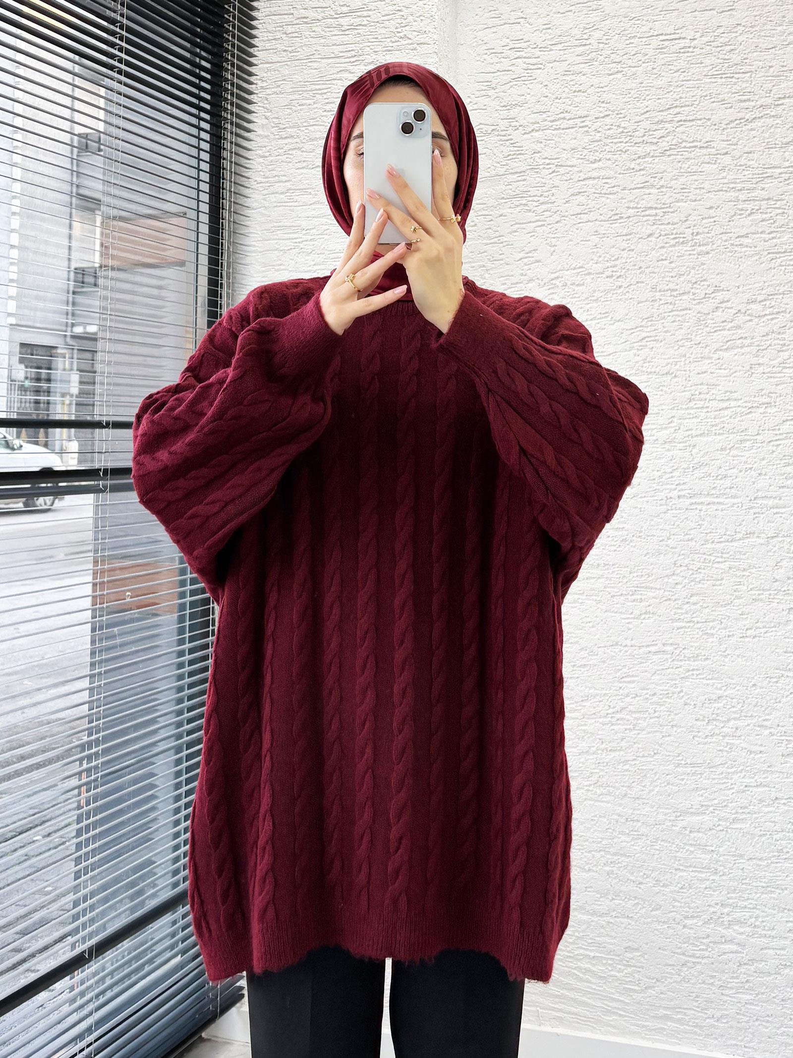Bordo Örgü Desenli Oversize Kadın Kazak