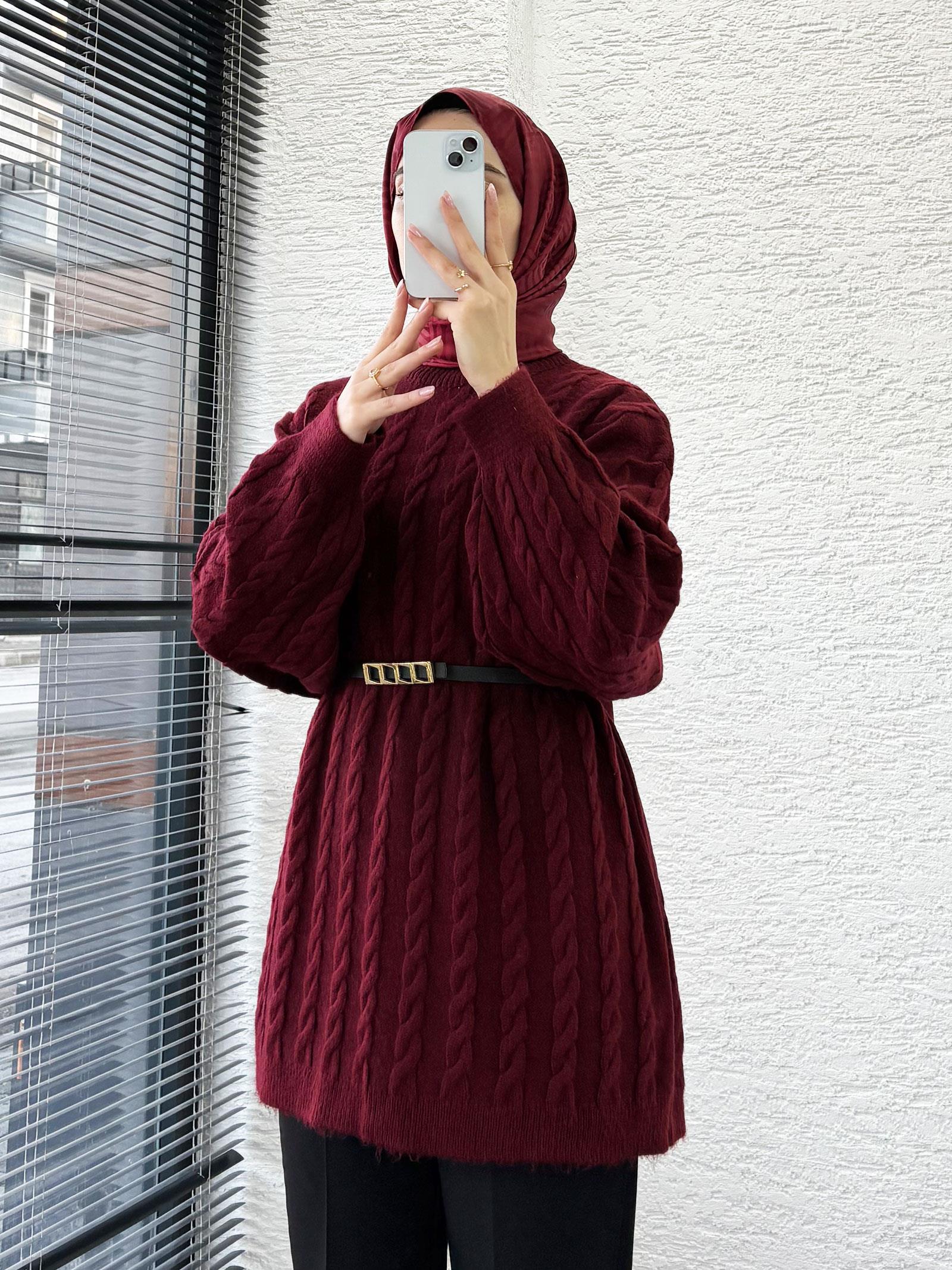 Bordo Örgü Desenli Oversize Kadın Kazak