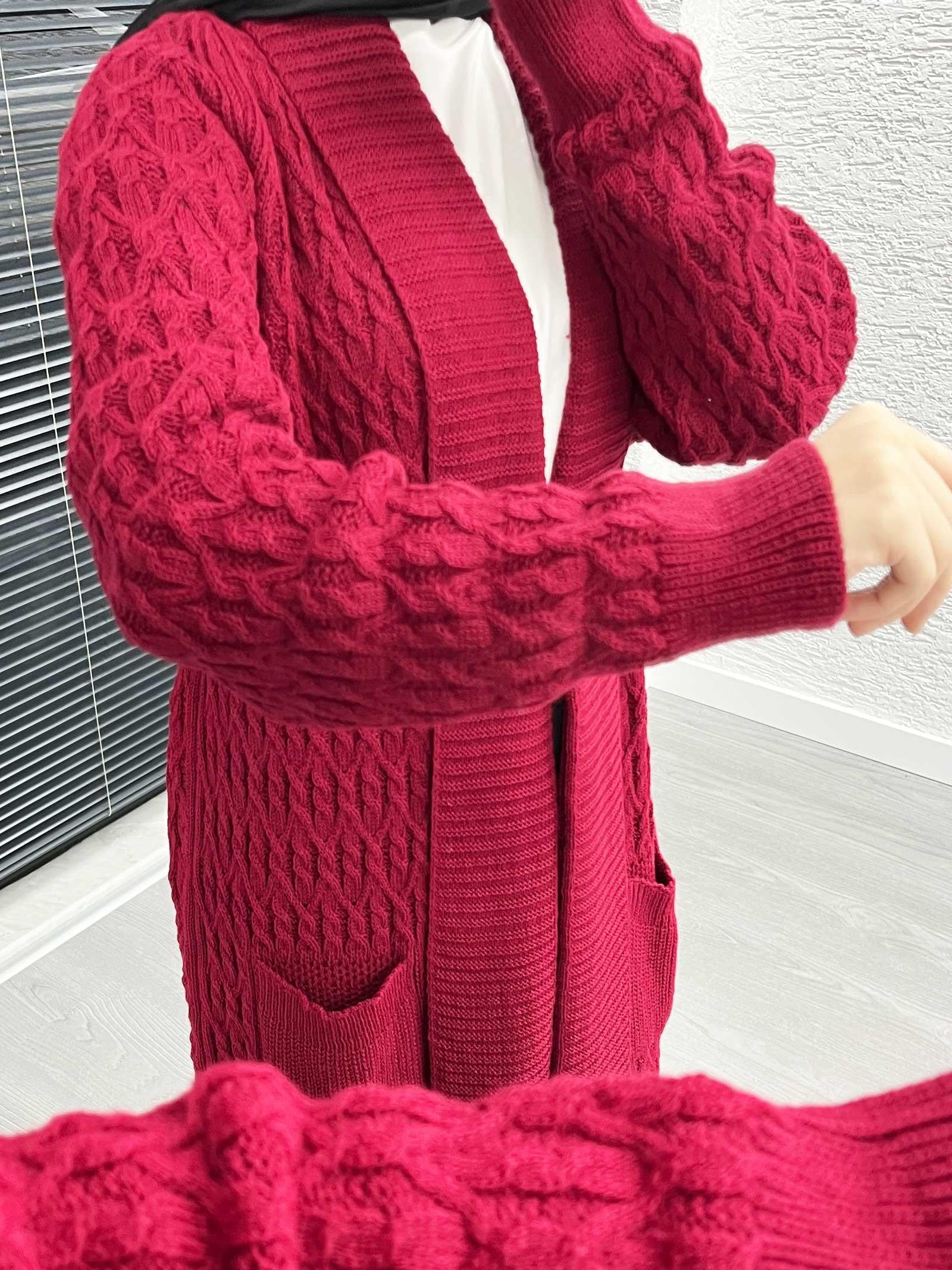 Bordo Örgü Desenli Uzun Triko Hırka