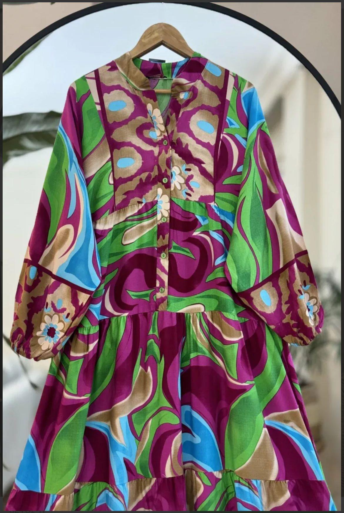 Bordo Pastel Desen Viskon Elbise