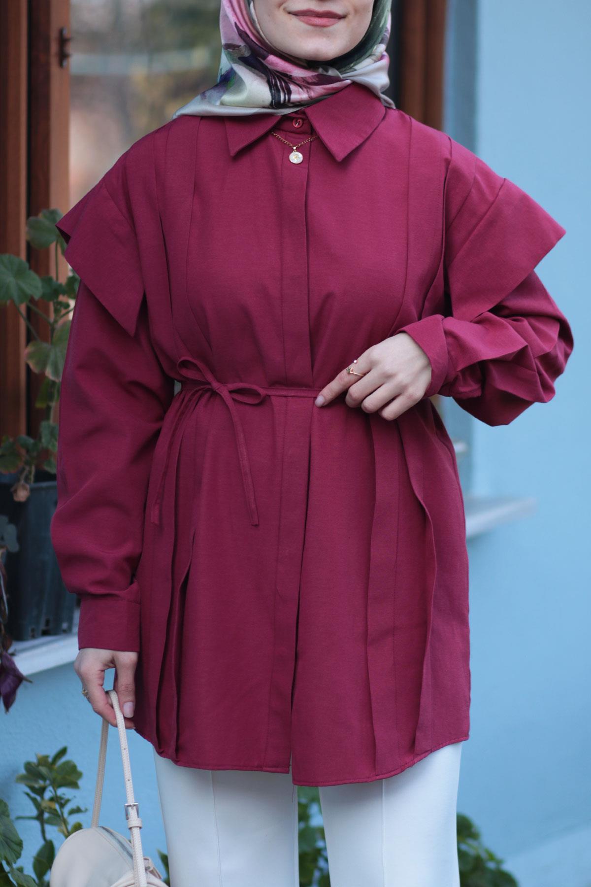 Bordo Pileli Kemerli Tunik