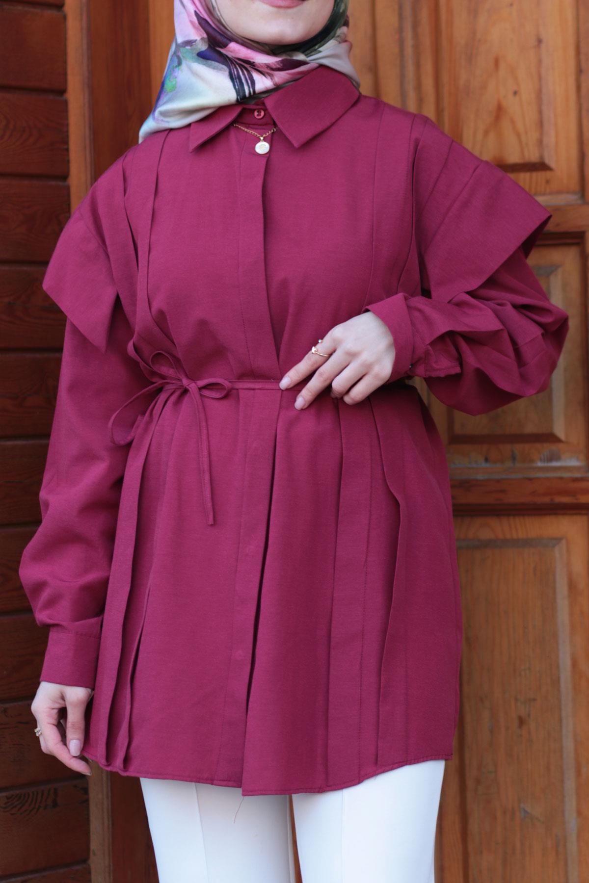 Bordo Pileli Kemerli Tunik