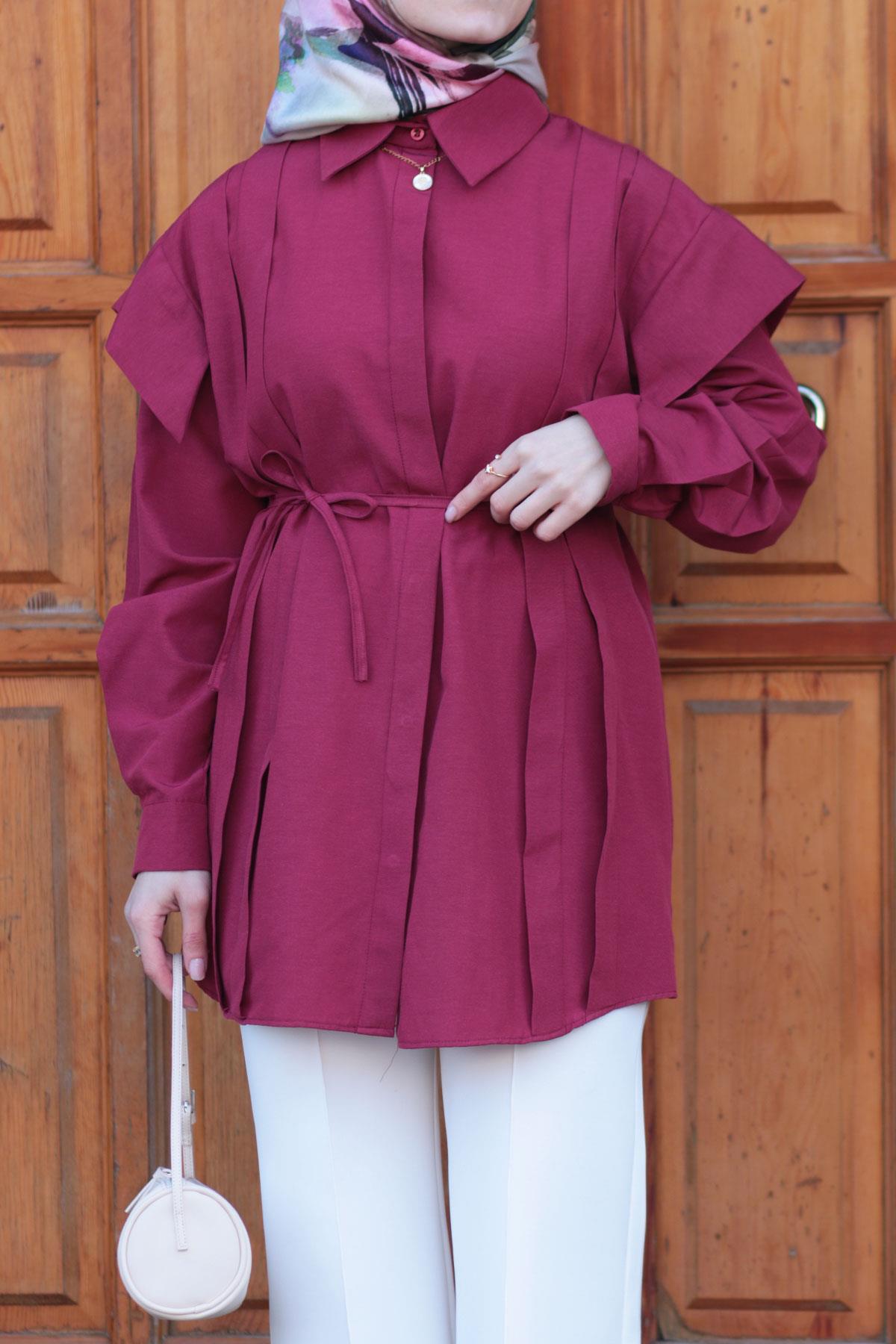 Bordo Pileli Kemerli Tunik
