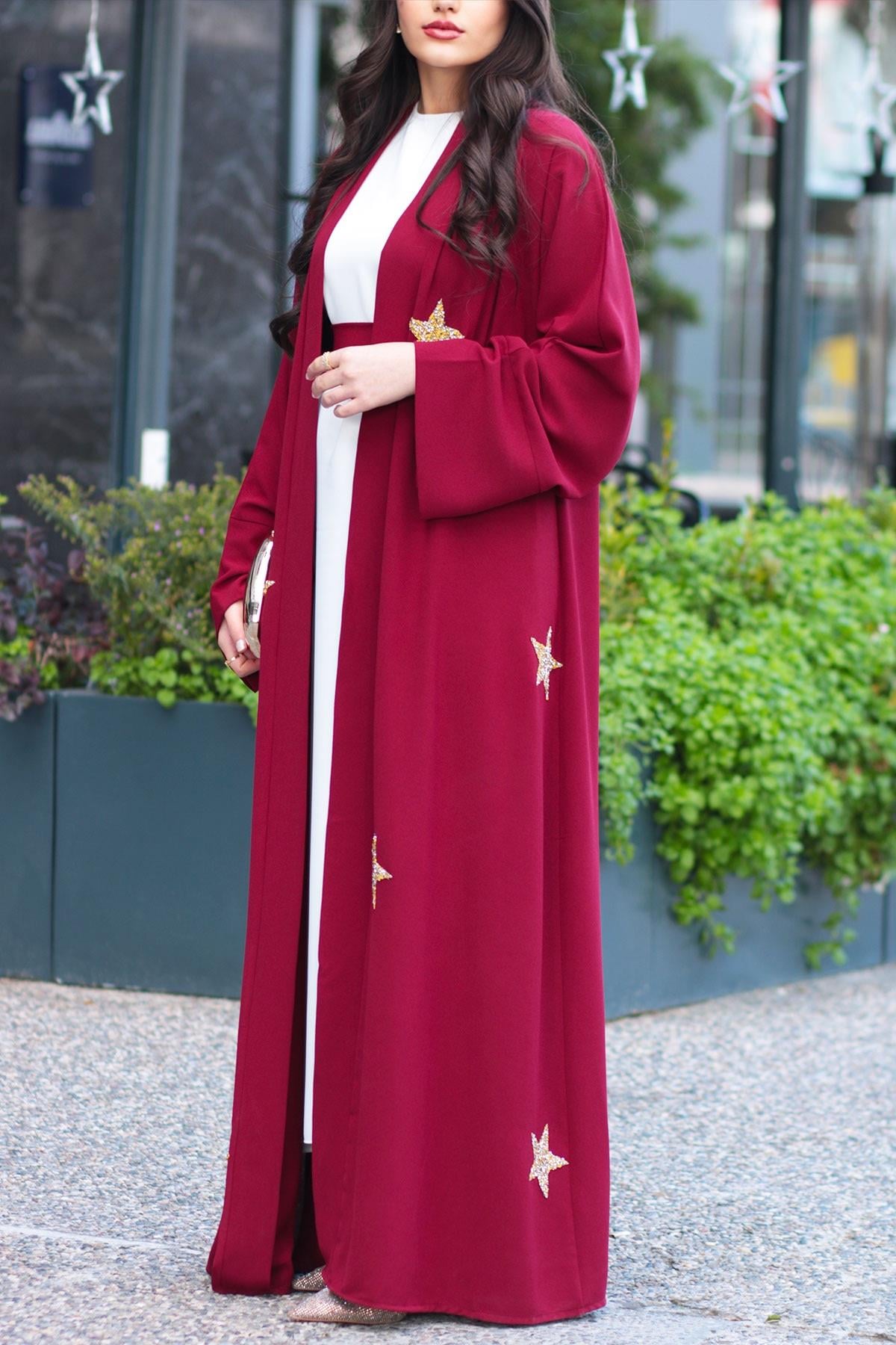 Bordo Yıldız Detaylı Abaya 