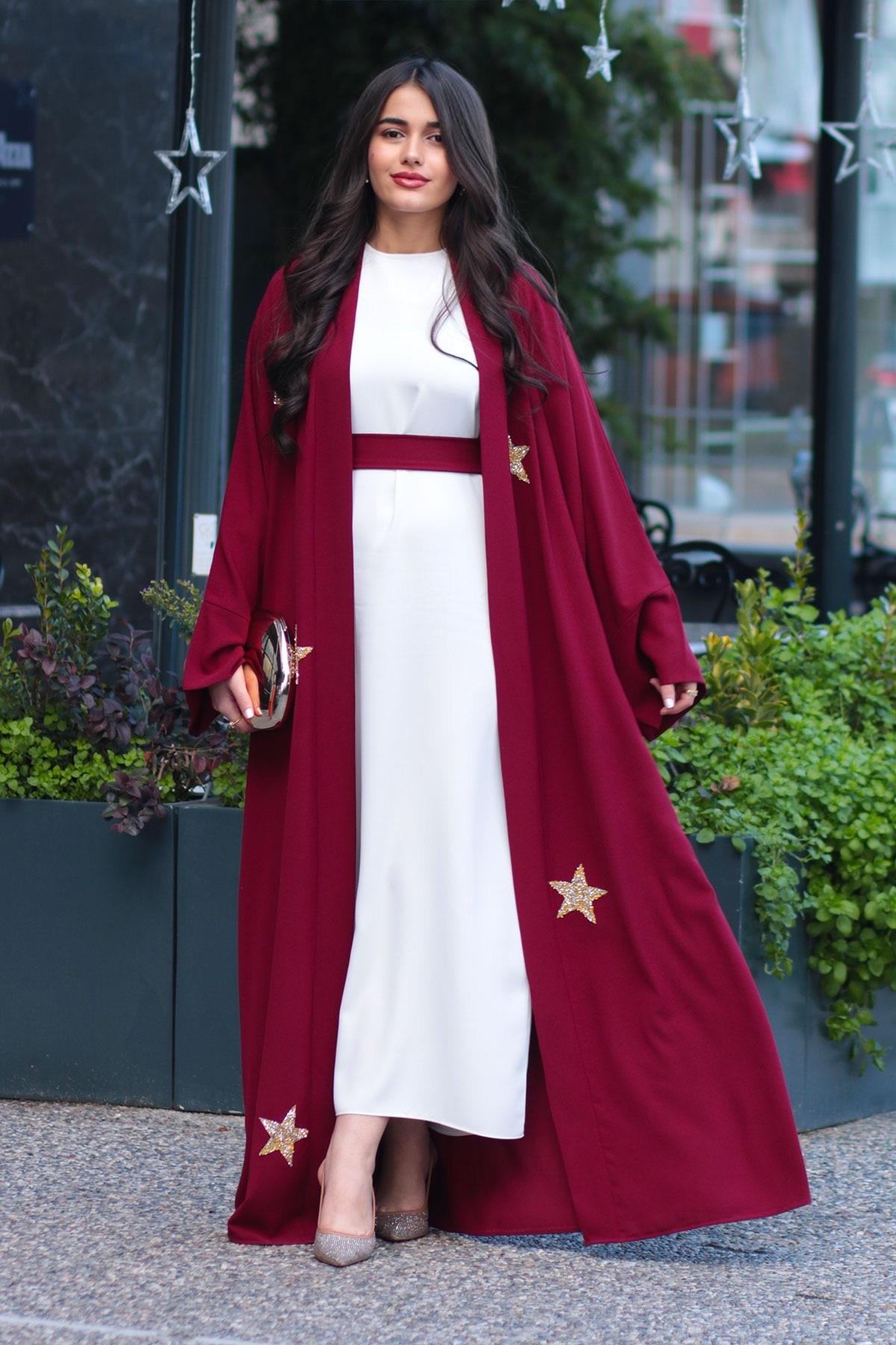 Bordo Yıldız Detaylı Abaya 