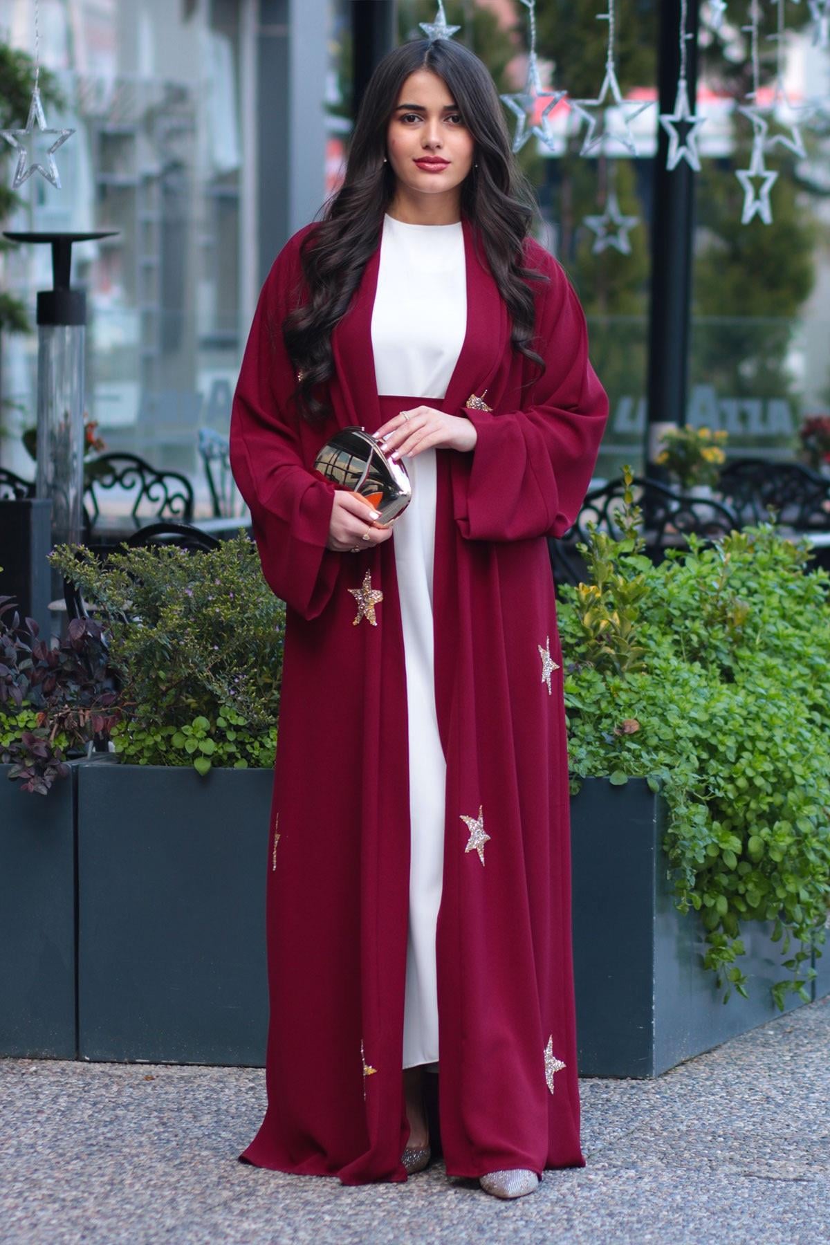 Bordo Yıldız Detaylı Abaya 