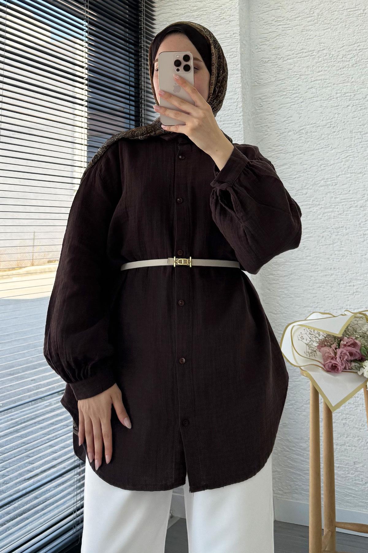 Boydan Düğmeli Oversize Müslin Tunik – Acı Kahve