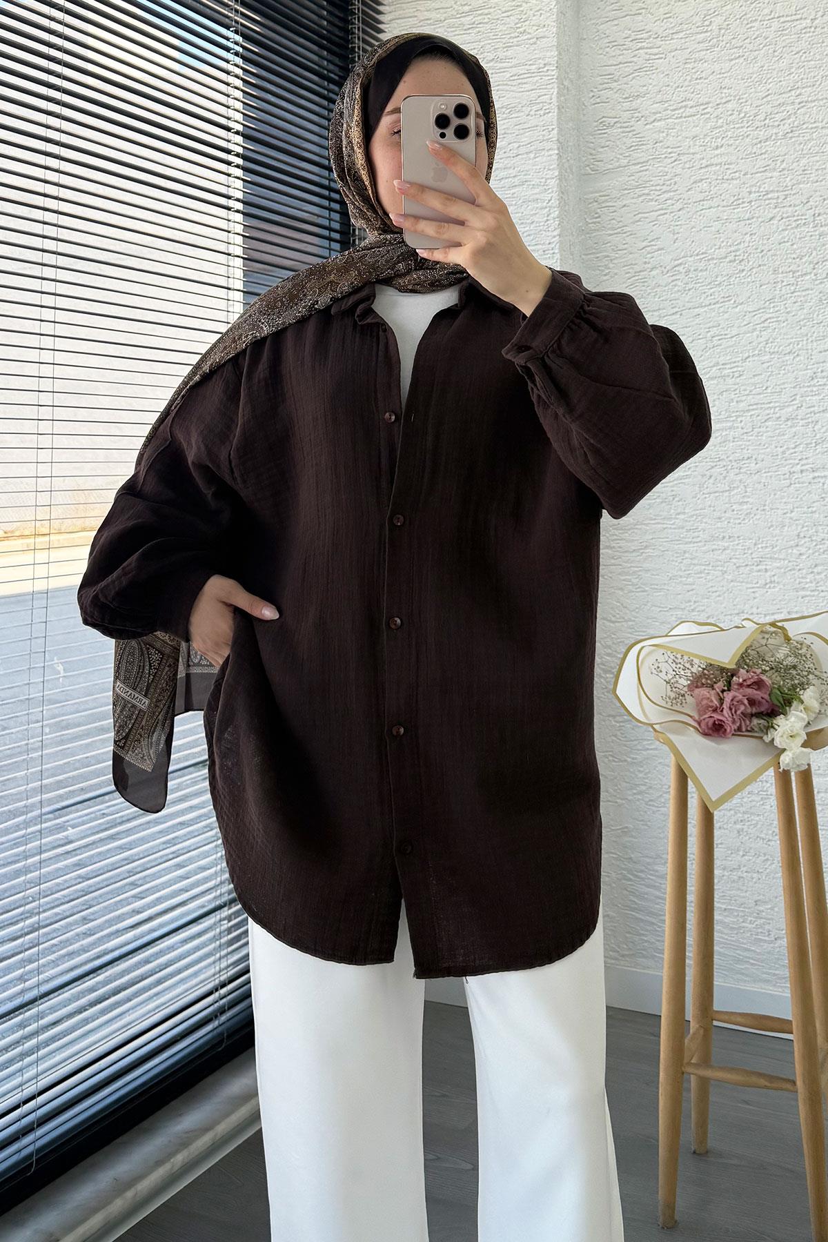 Boydan Düğmeli Oversize Müslin Tunik – Acı Kahve