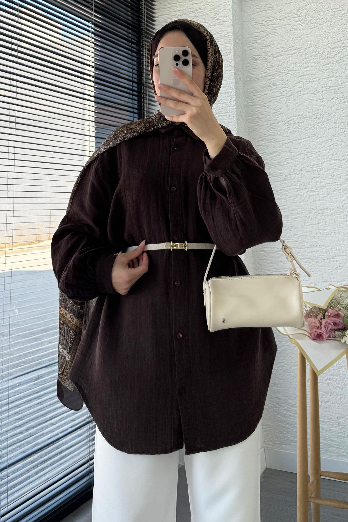 Boydan Düğmeli Oversize Müslin Tunik – Acı Kahve