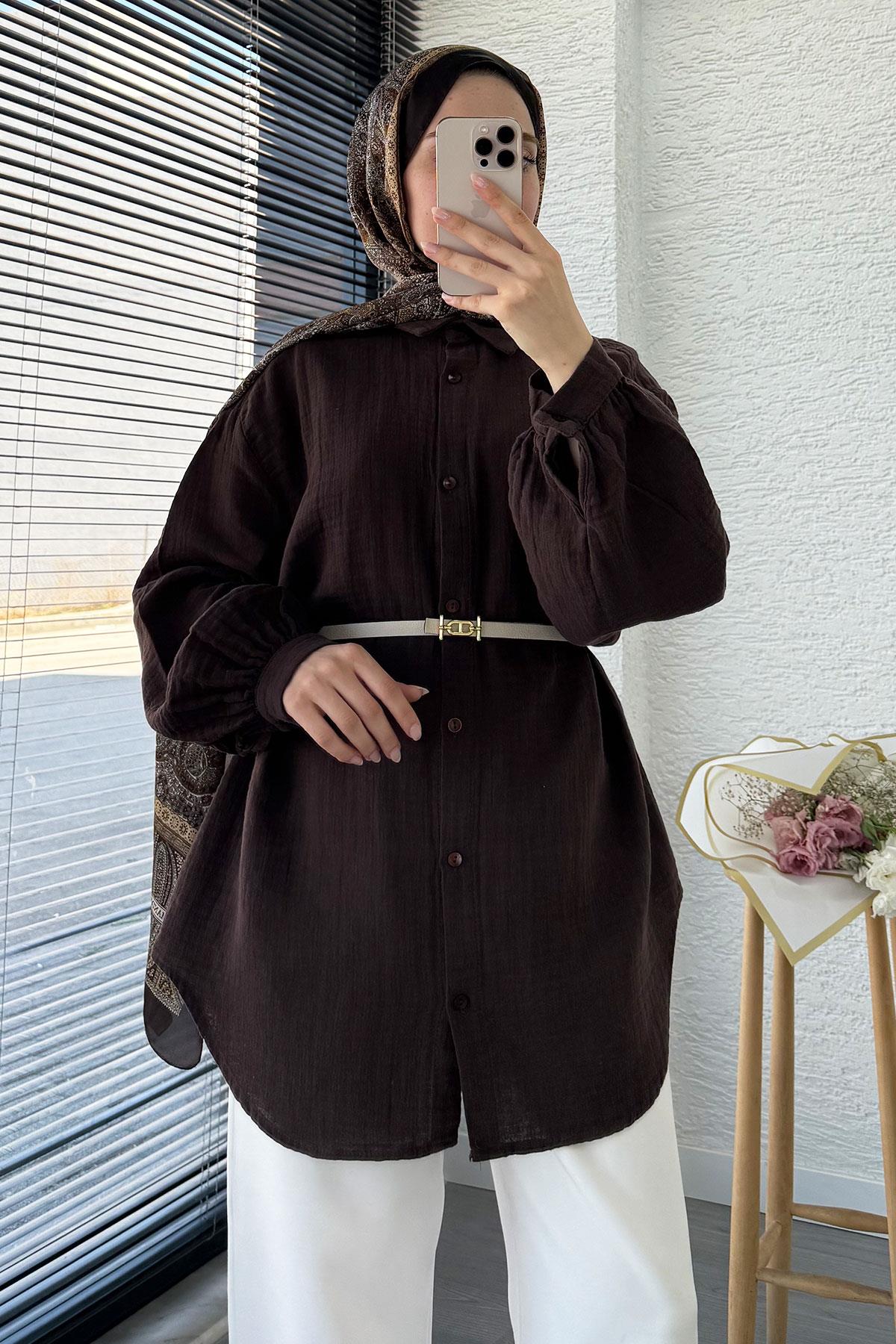 Boydan Düğmeli Oversize Müslin Tunik – Acı Kahve