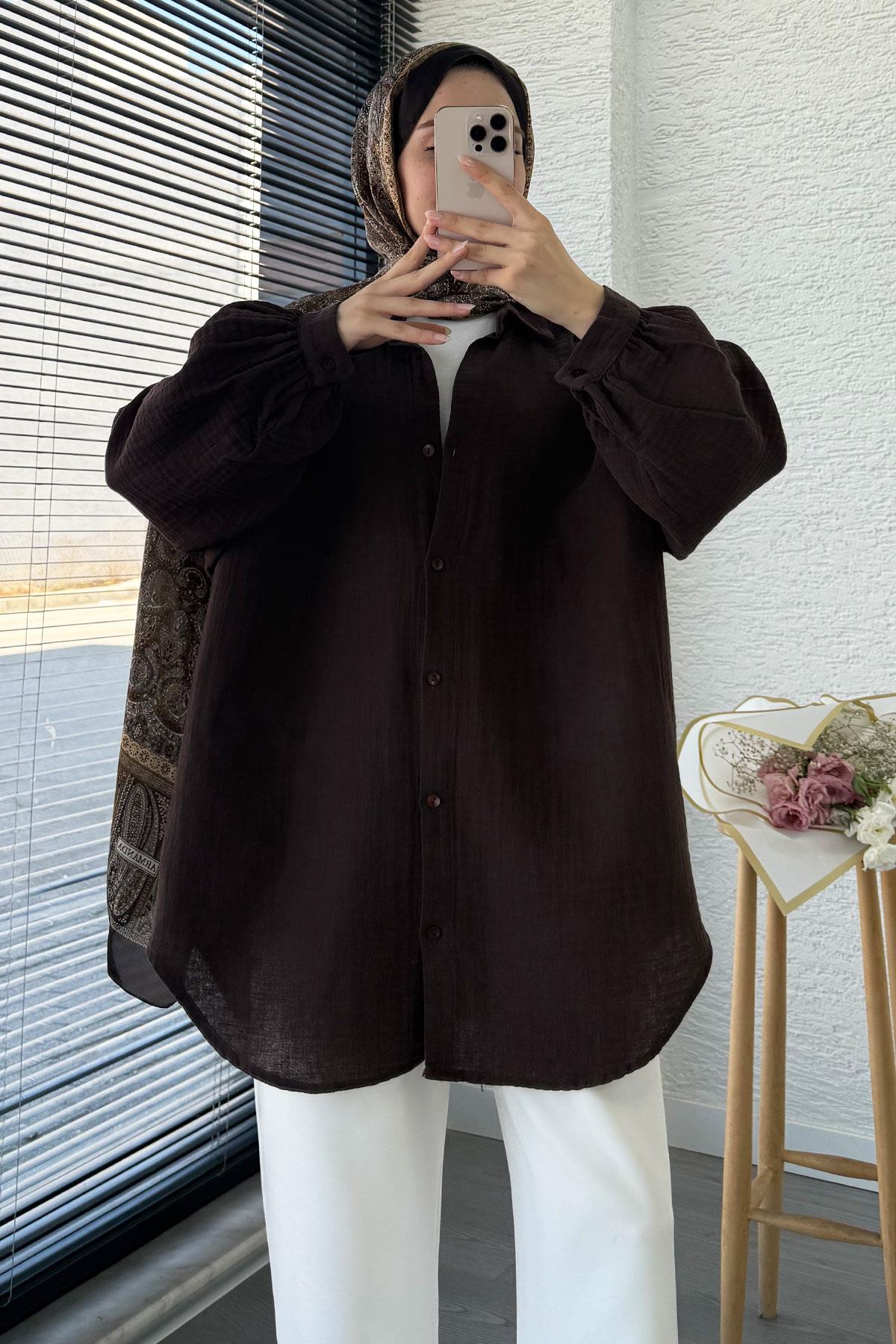 Boydan Düğmeli Oversize Müslin Tunik – Acı Kahve