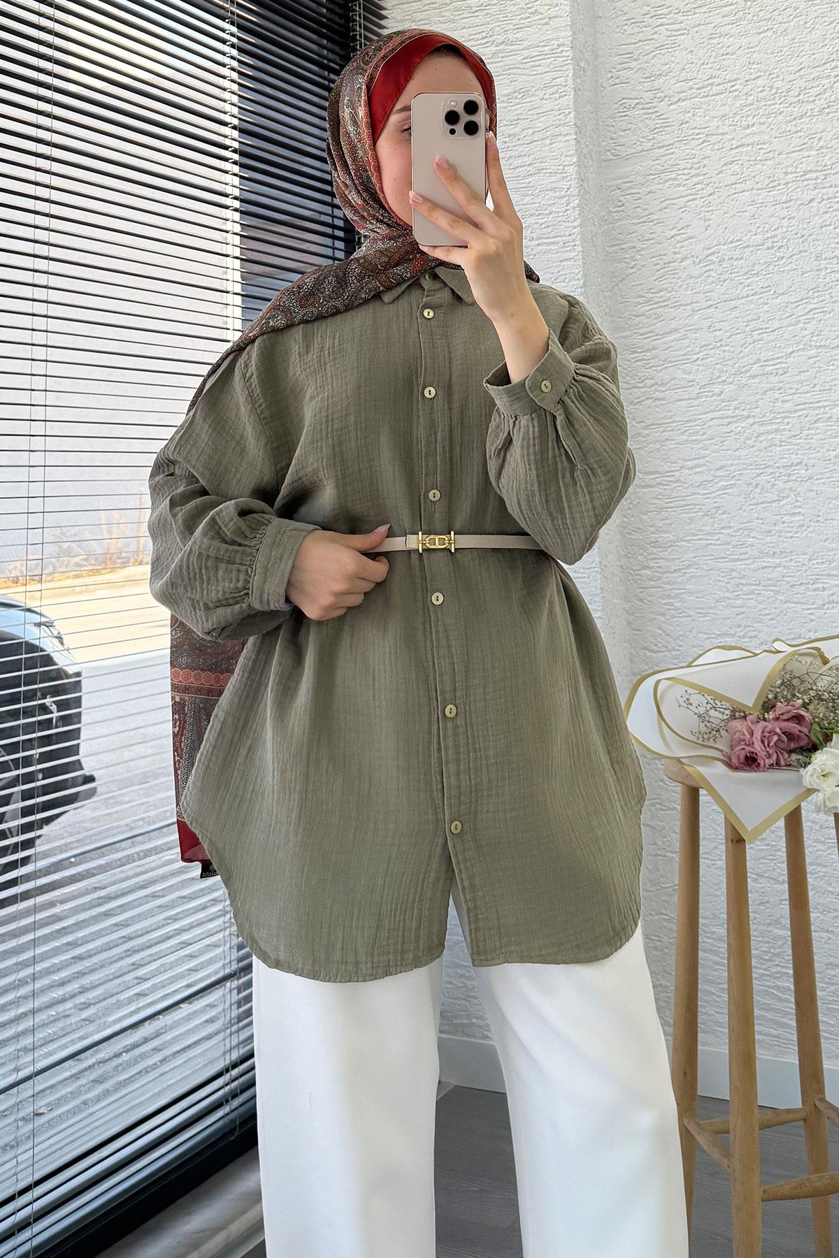 Boydan Düğmeli Oversize Müslin Tunik – Haki