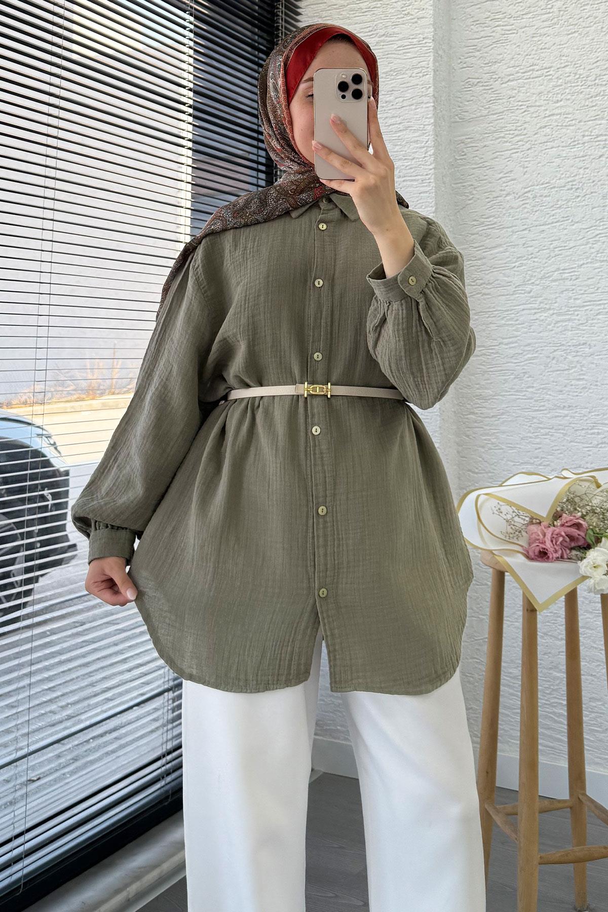 Boydan Düğmeli Oversize Müslin Tunik – Haki