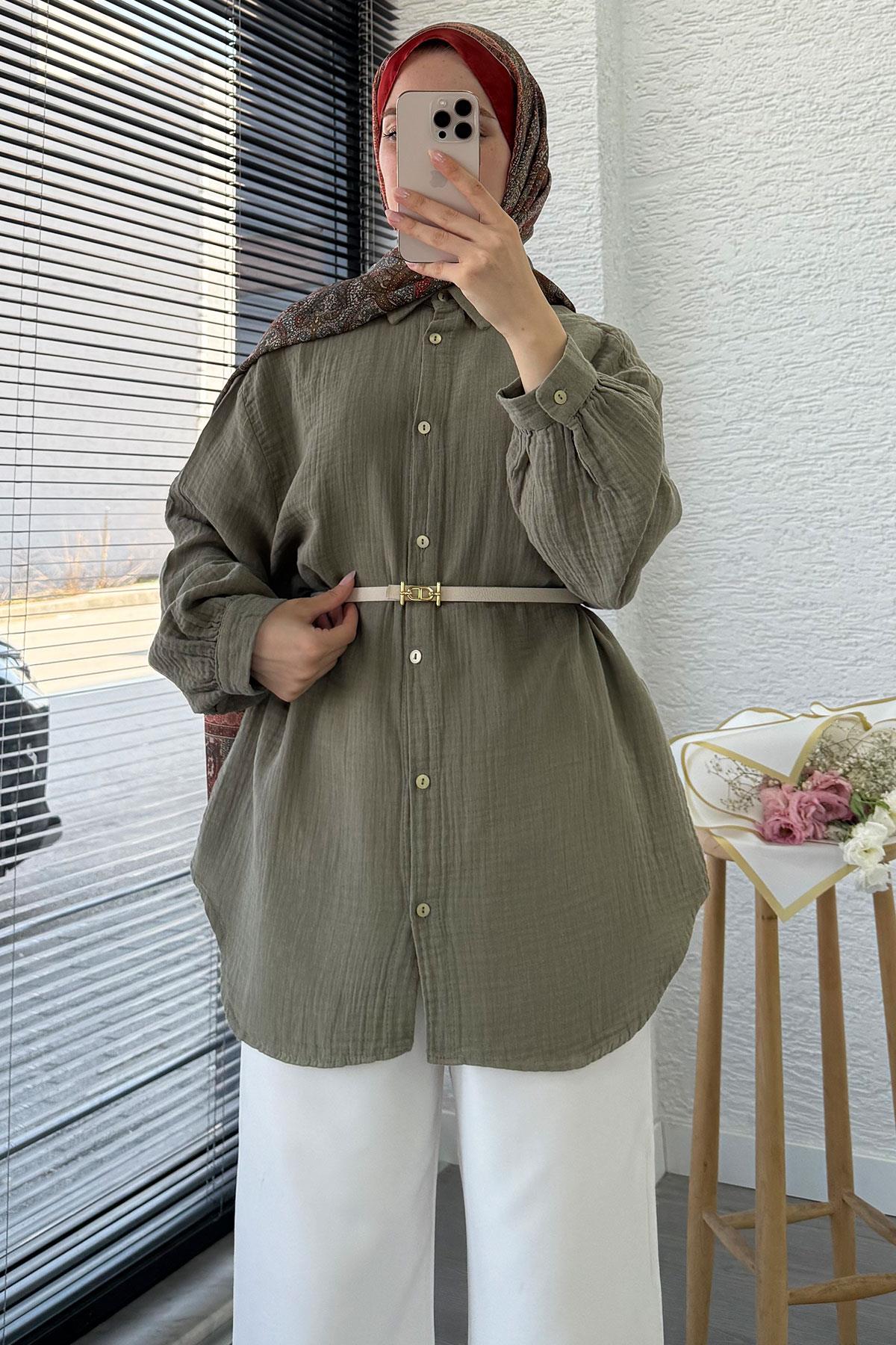 Boydan Düğmeli Oversize Müslin Tunik – Haki