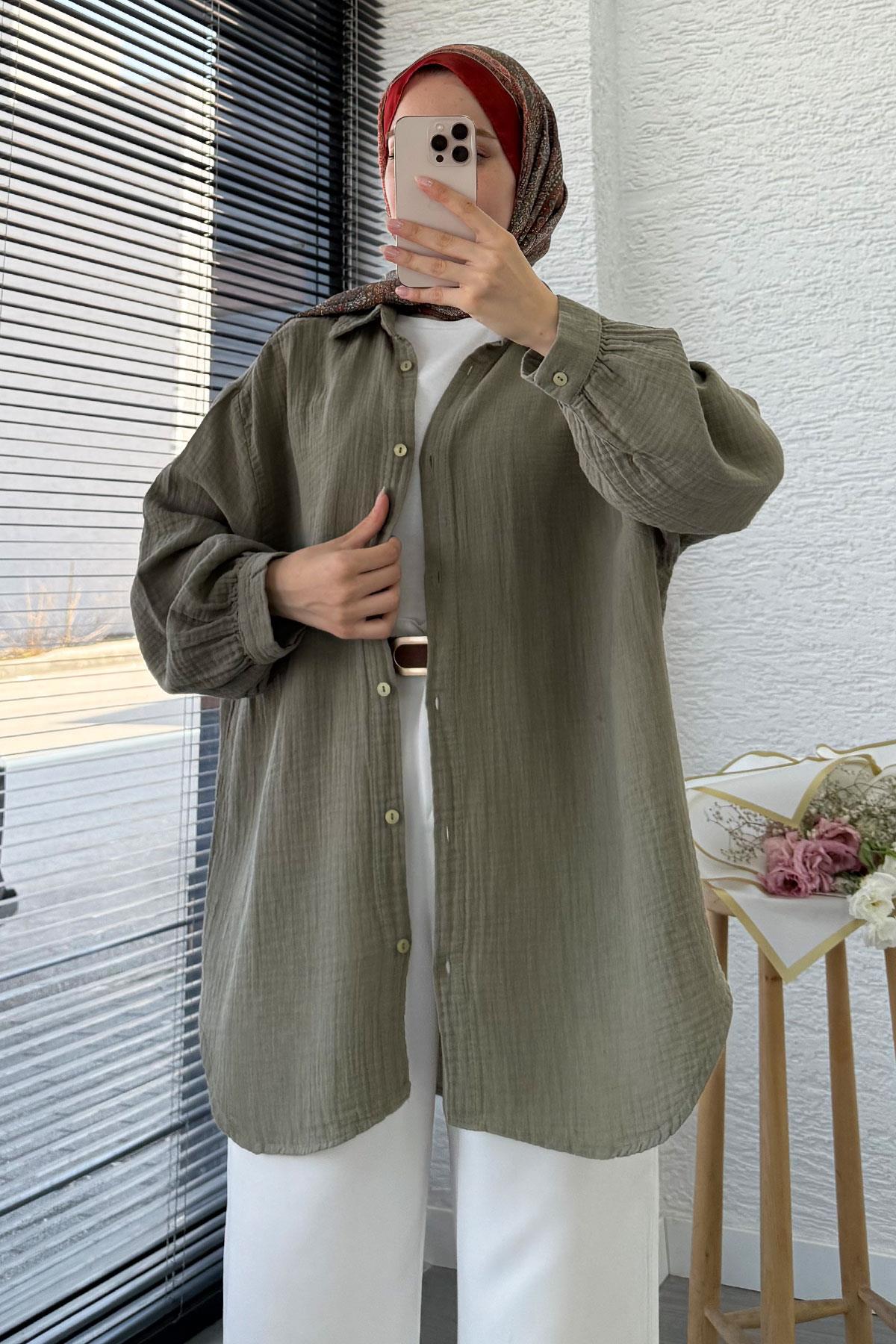 Boydan Düğmeli Oversize Müslin Tunik – Haki