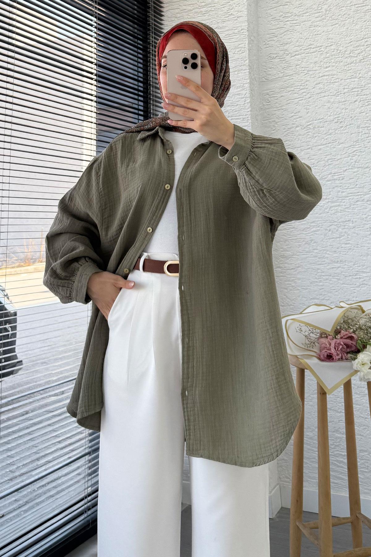 Boydan Düğmeli Oversize Müslin Tunik – Haki