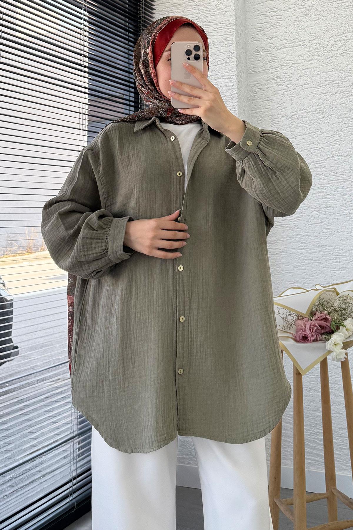 Boydan Düğmeli Oversize Müslin Tunik – Haki