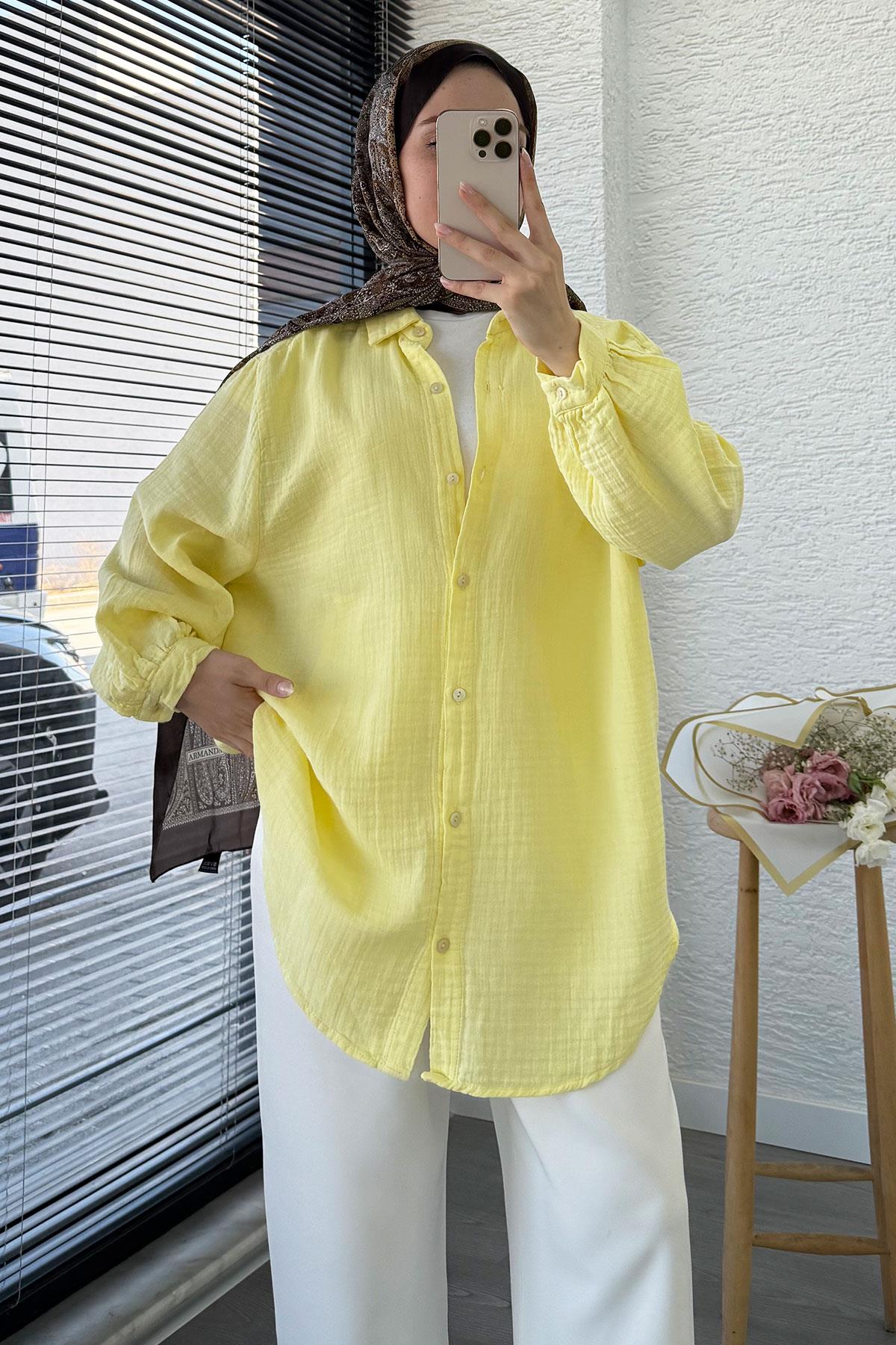 Boydan Düğmeli Oversize Müslin Tunik – Sarı