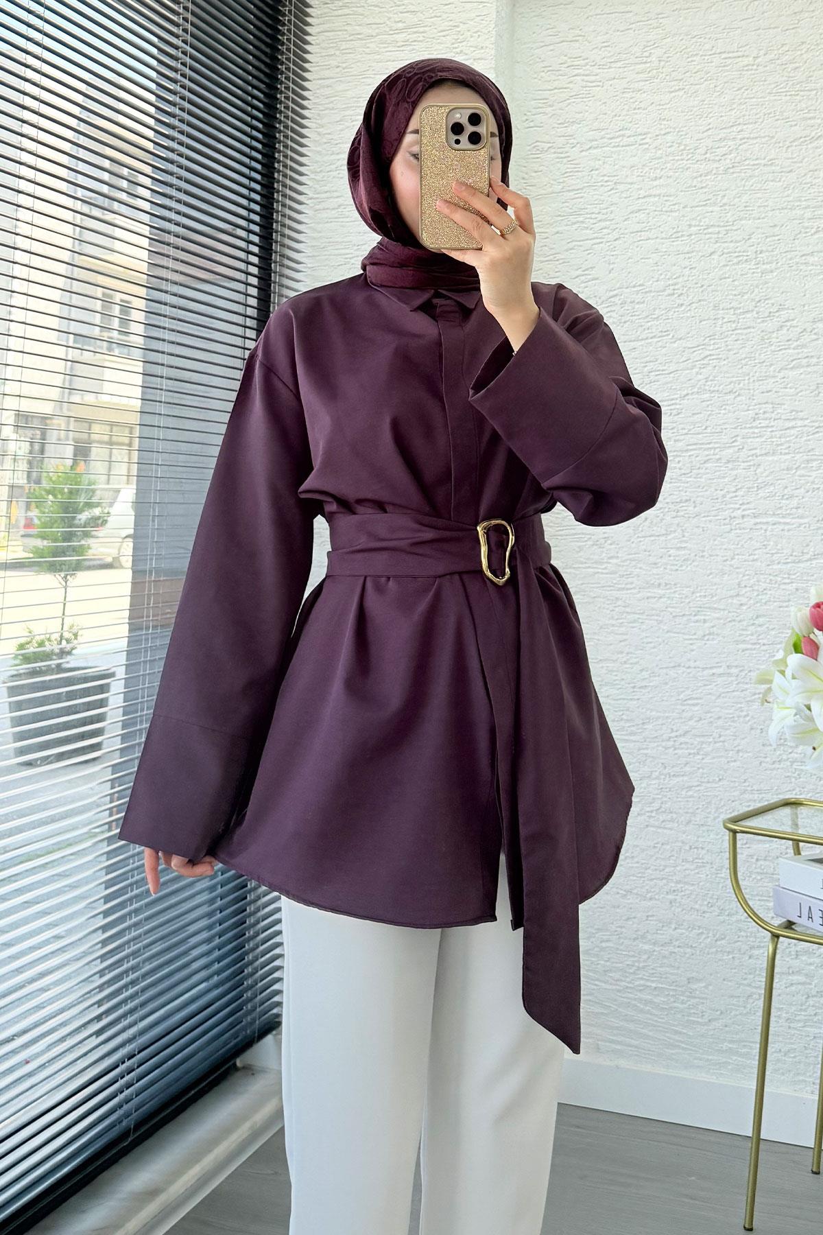 Bronş Detaylı Geniş Kemerli Poplin Tunik – Mürdüm