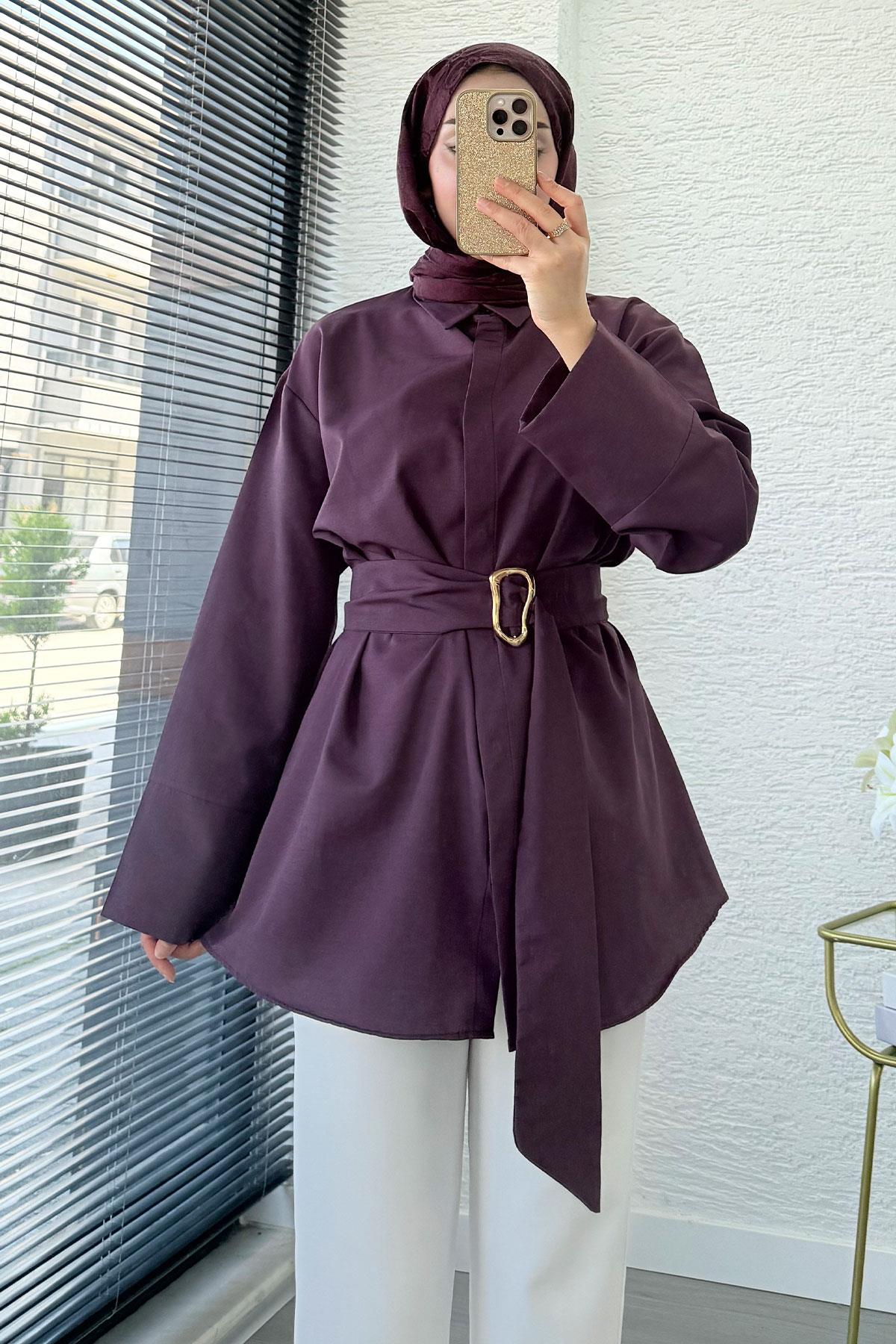 Bronş Detaylı Geniş Kemerli Poplin Tunik – Mürdüm