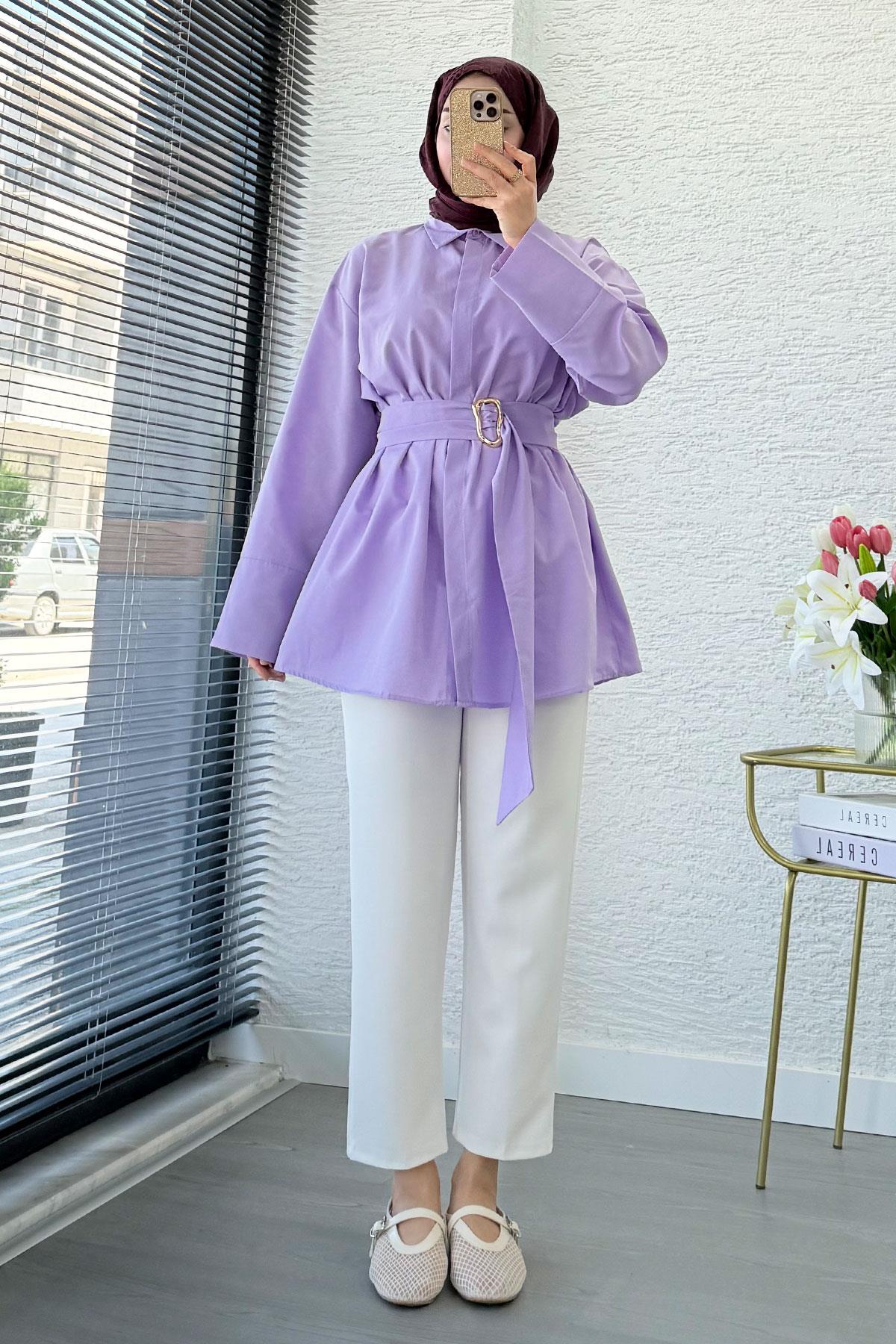 Bronş Detaylı Geniş Kemerli Poplin Tunik – Lila
