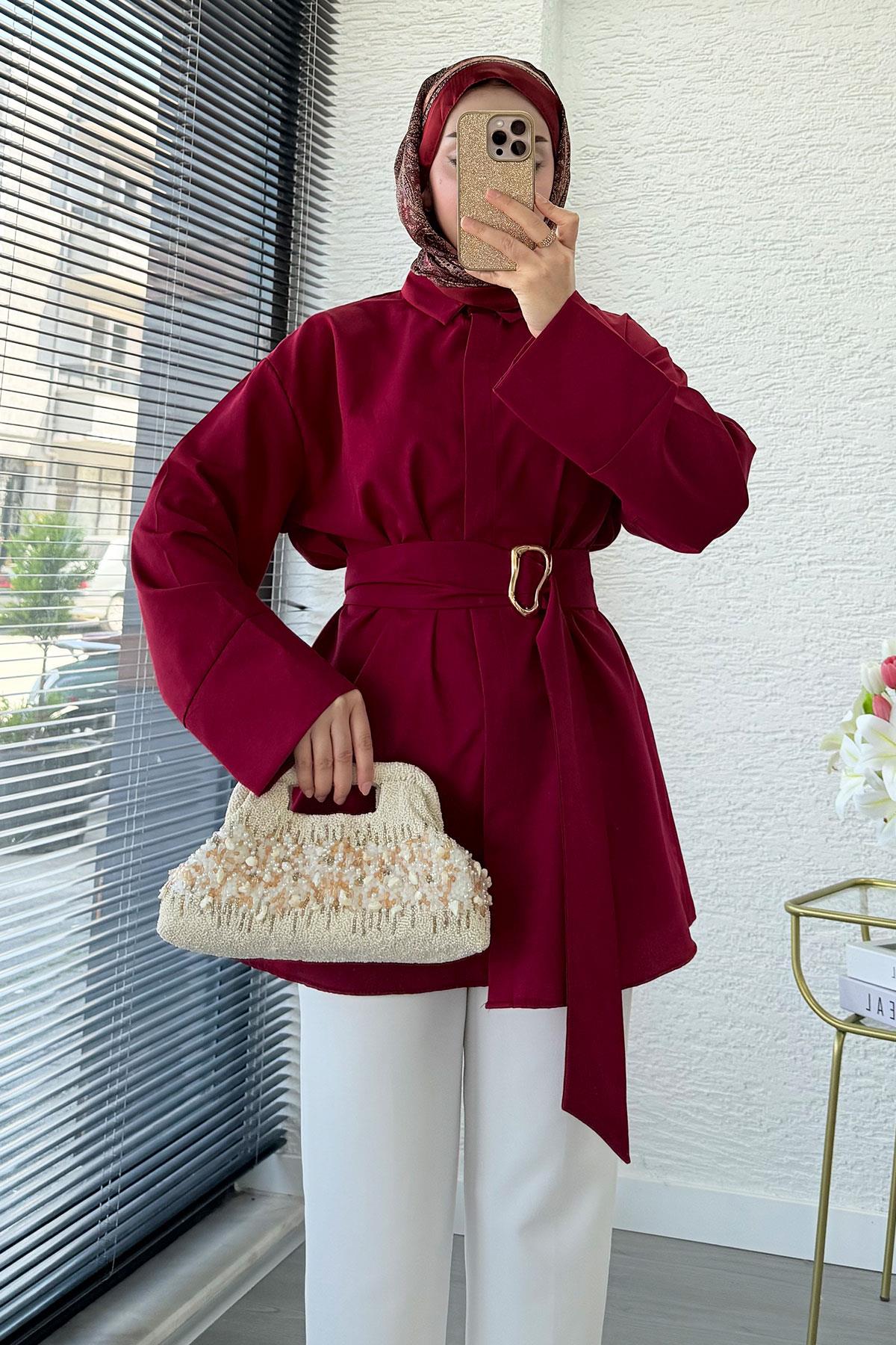Bronş Detaylı Geniş Kemerli Poplin Tunik – Bordo