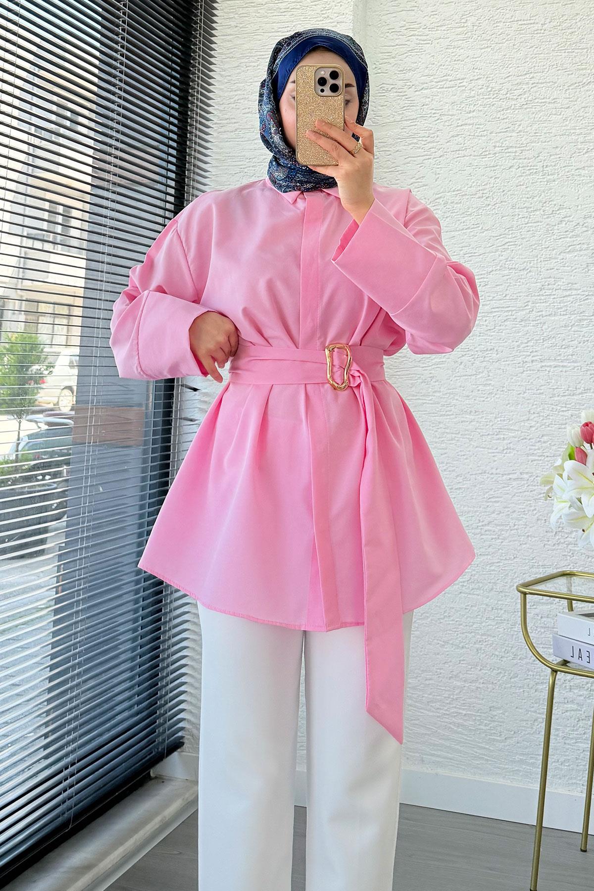 Bronş Detaylı Geniş Kemerli Poplin Tunik – Pembe
