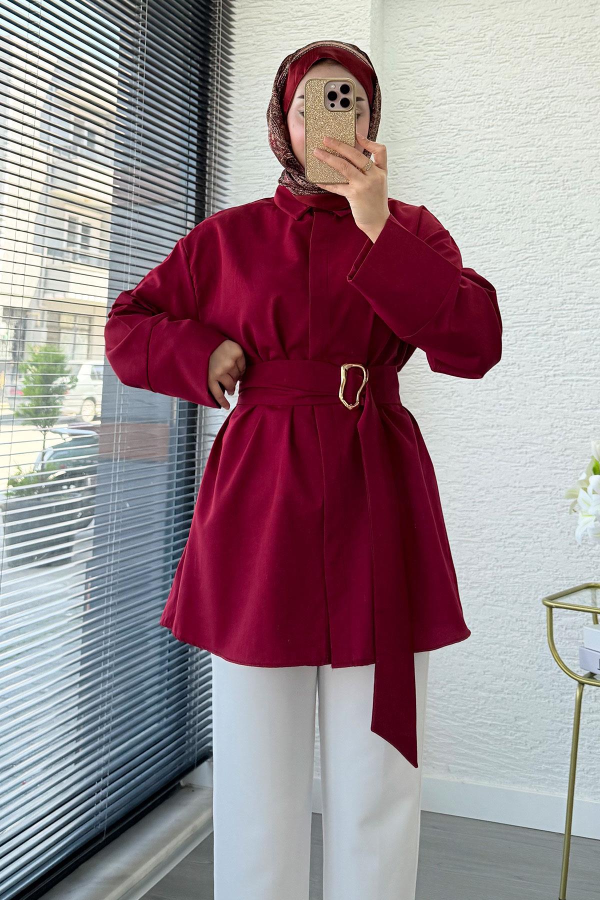 Bronş Detaylı Geniş Kemerli Poplin Tunik – Bordo