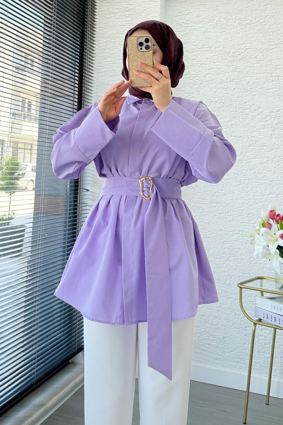 Bronş Detaylı Geniş Kemerli Poplin Tunik – Lila