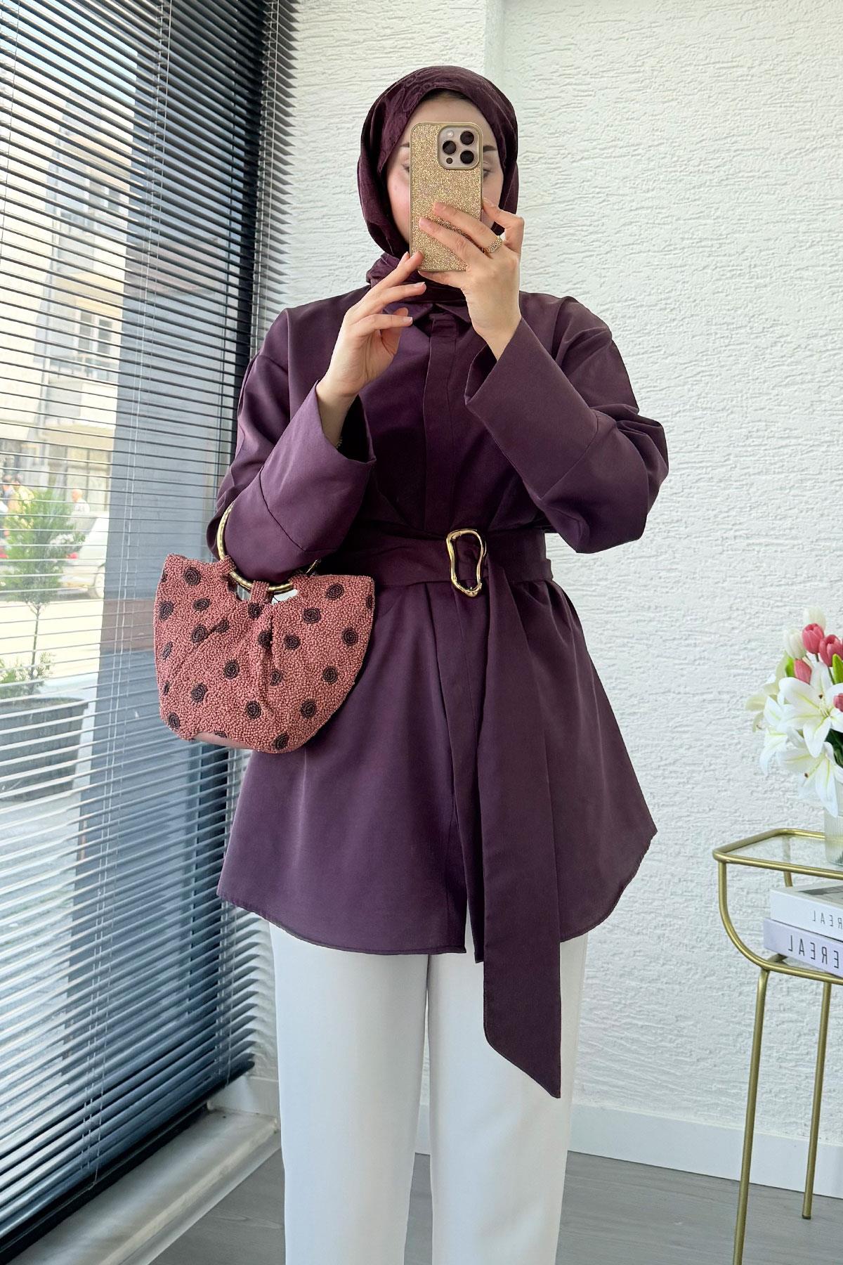 Bronş Detaylı Geniş Kemerli Poplin Tunik – Mürdüm