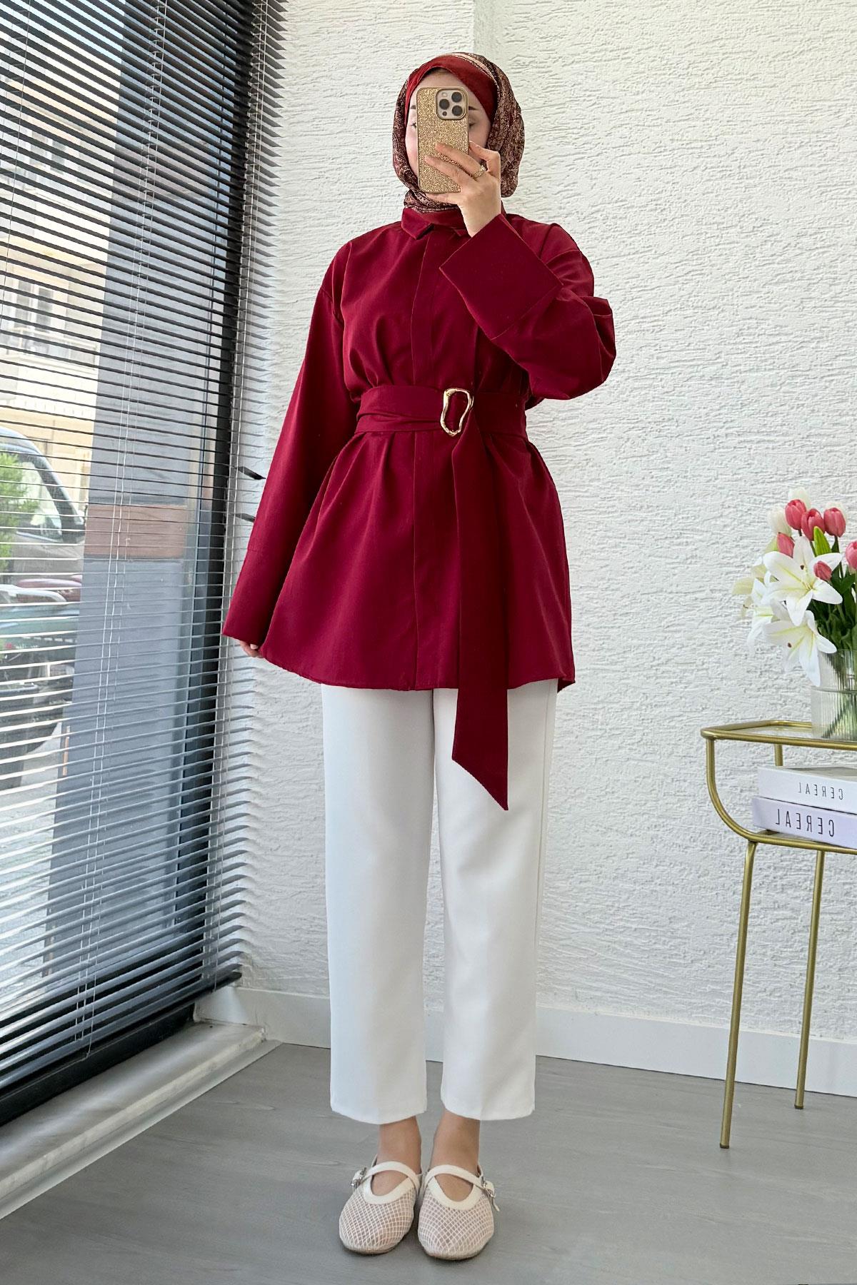 Bronş Detaylı Geniş Kemerli Poplin Tunik – Bordo