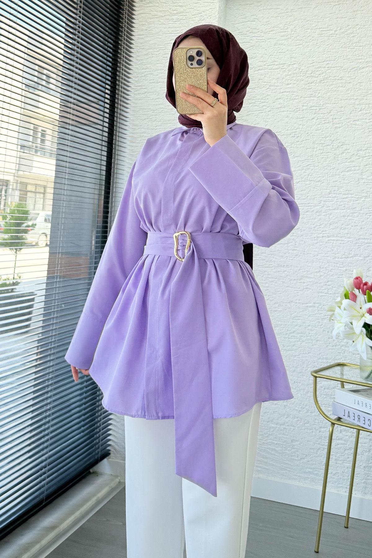 Bronş Detaylı Geniş Kemerli Poplin Tunik – Lila