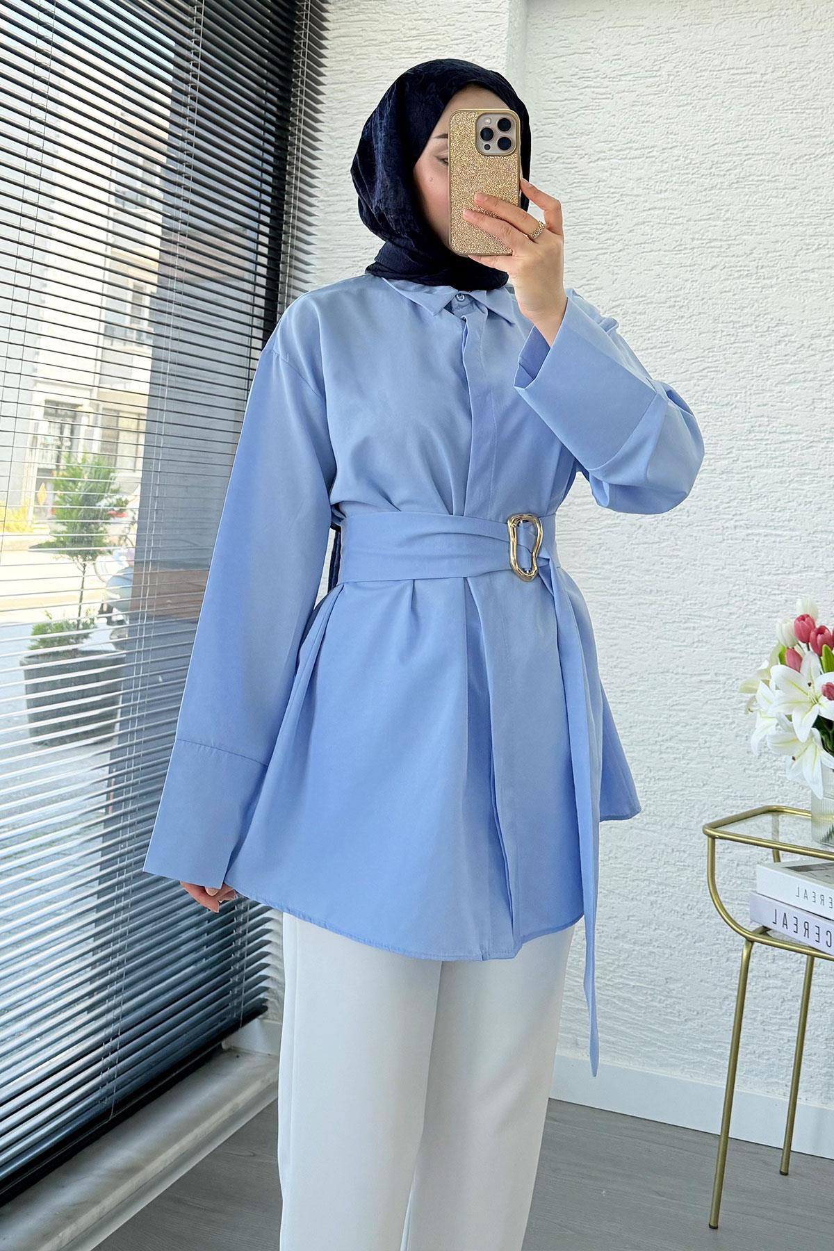 Bronş Detaylı Geniş Kemerli Poplin Tunik – Mavi