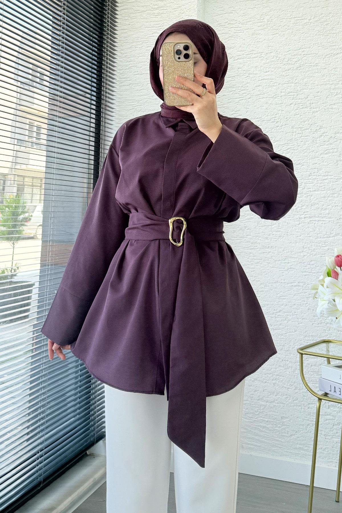 Bronş Detaylı Geniş Kemerli Poplin Tunik – Mürdüm