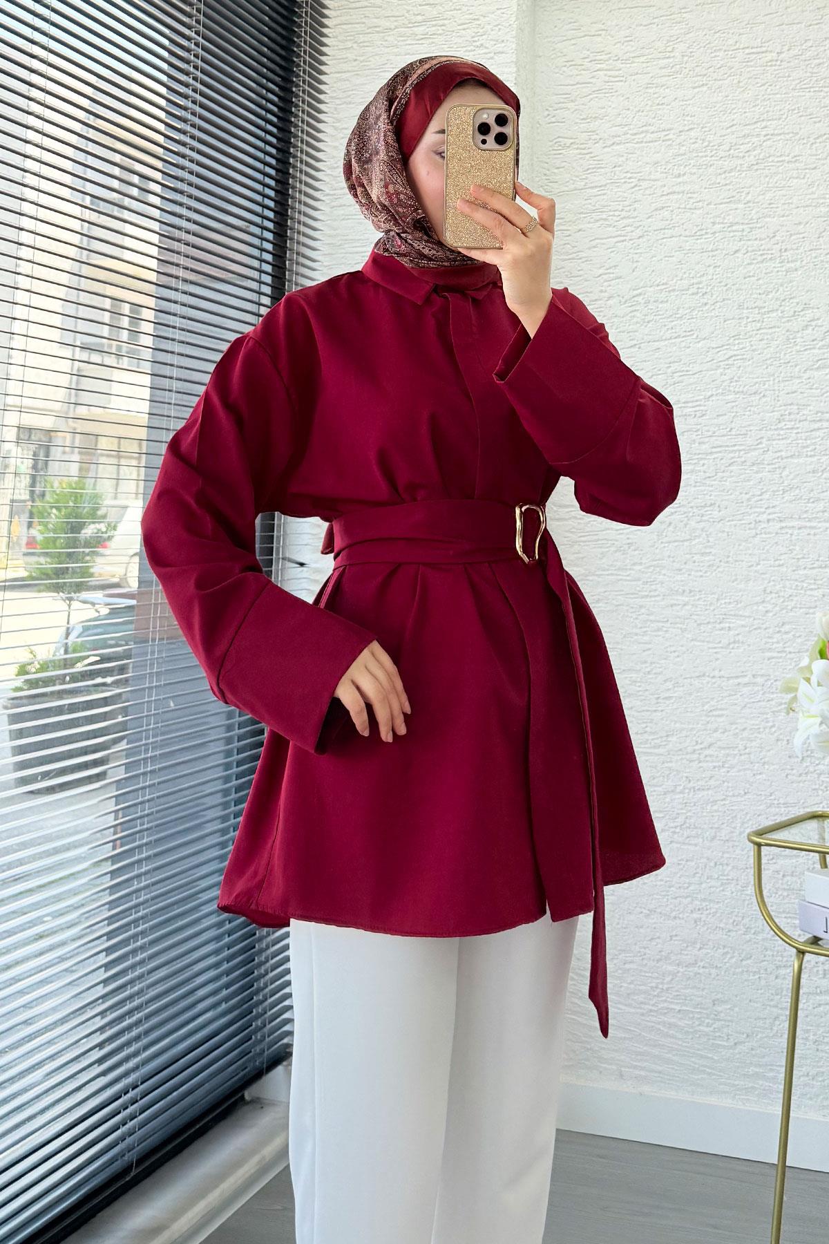 Bronş Detaylı Geniş Kemerli Poplin Tunik – Bordo