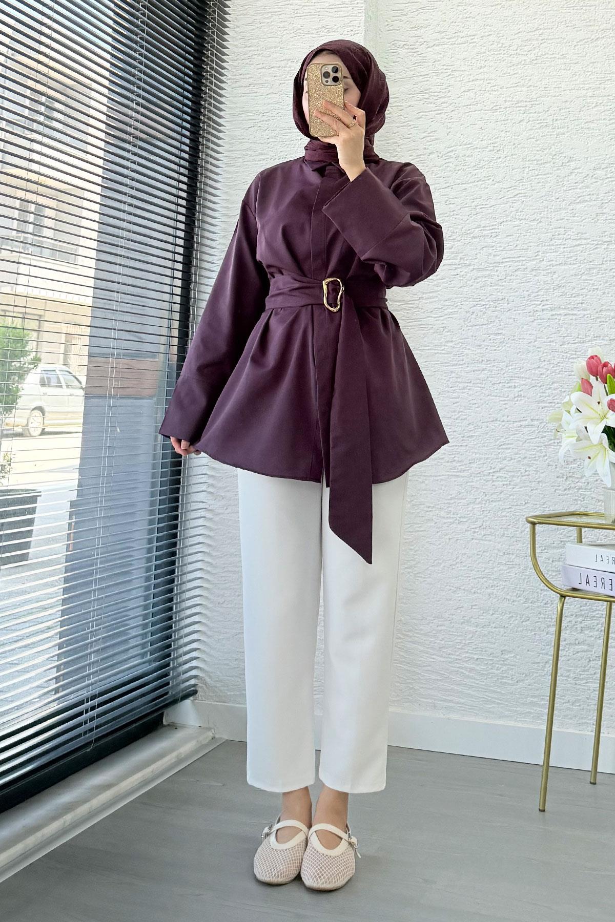 Bronş Detaylı Geniş Kemerli Poplin Tunik – Mürdüm