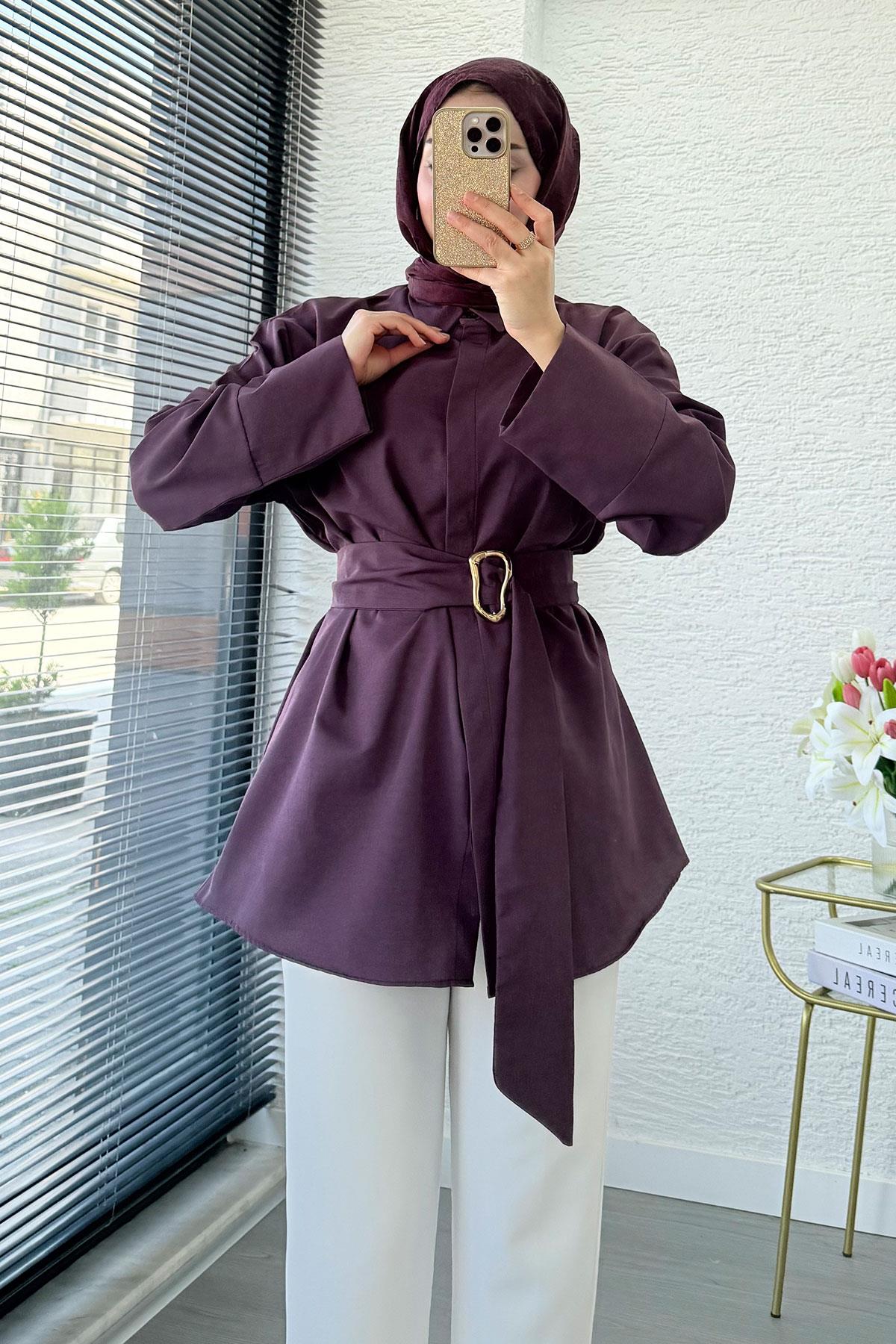Bronş Detaylı Geniş Kemerli Poplin Tunik – Mürdüm
