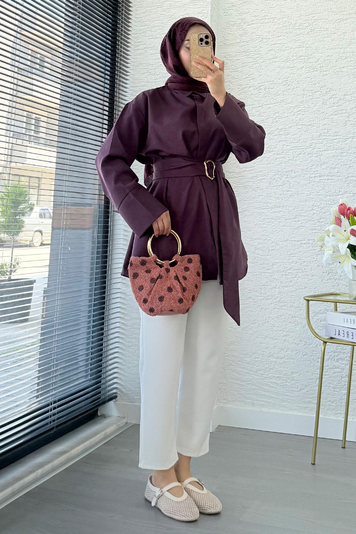 Bronş Detaylı Geniş Kemerli Poplin Tunik – Mürdüm