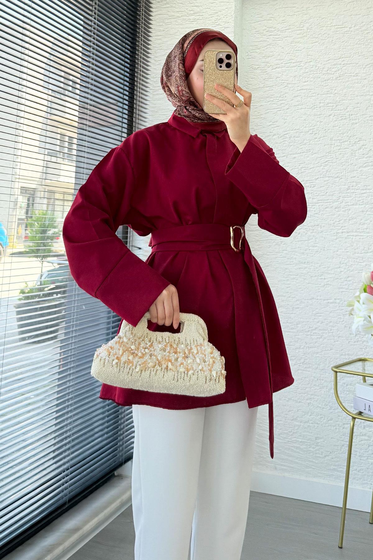 Bronş Detaylı Geniş Kemerli Poplin Tunik – Bordo