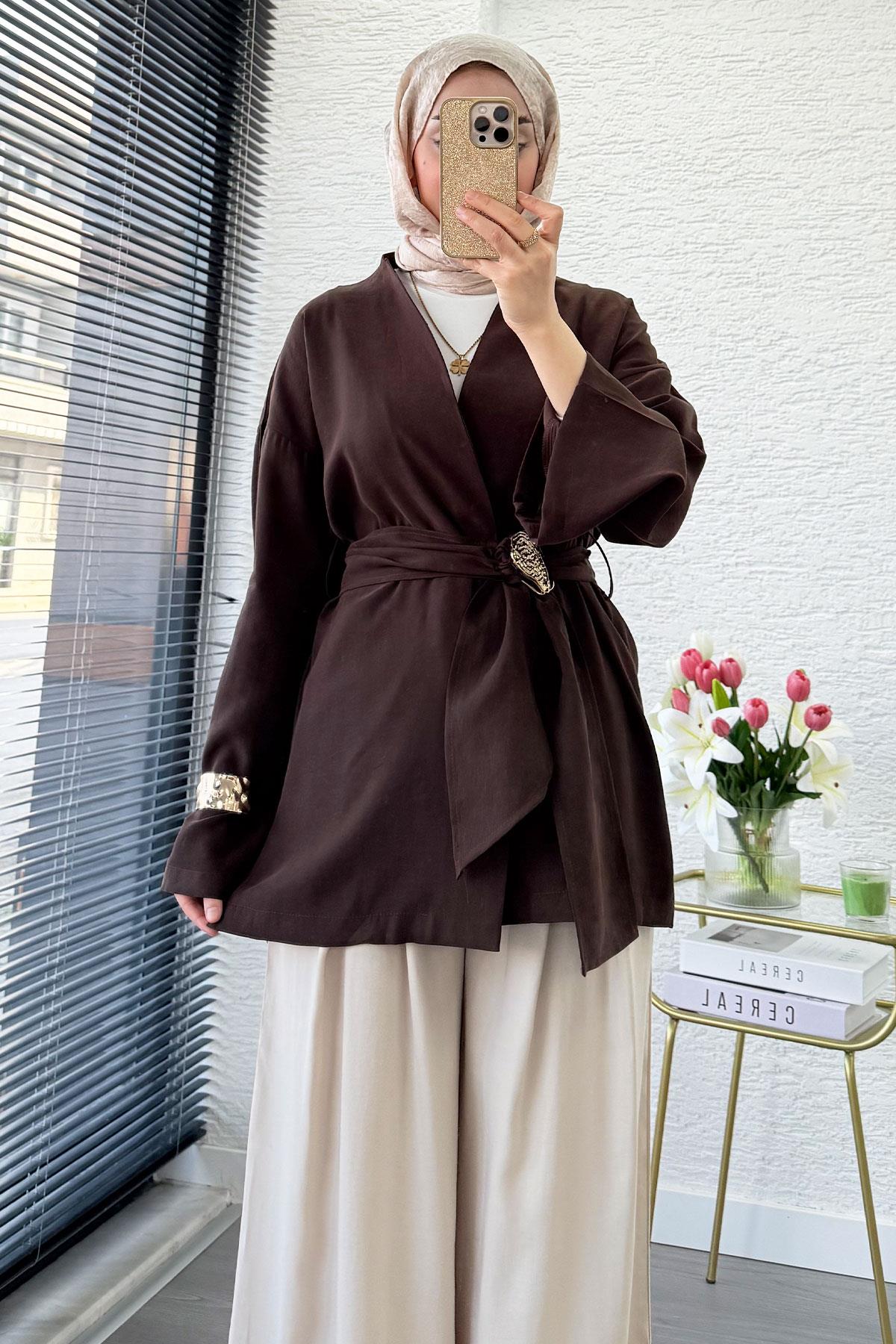 Bronş Kemerli Kruvaze Yaka Modal Kimono - Kahverengi