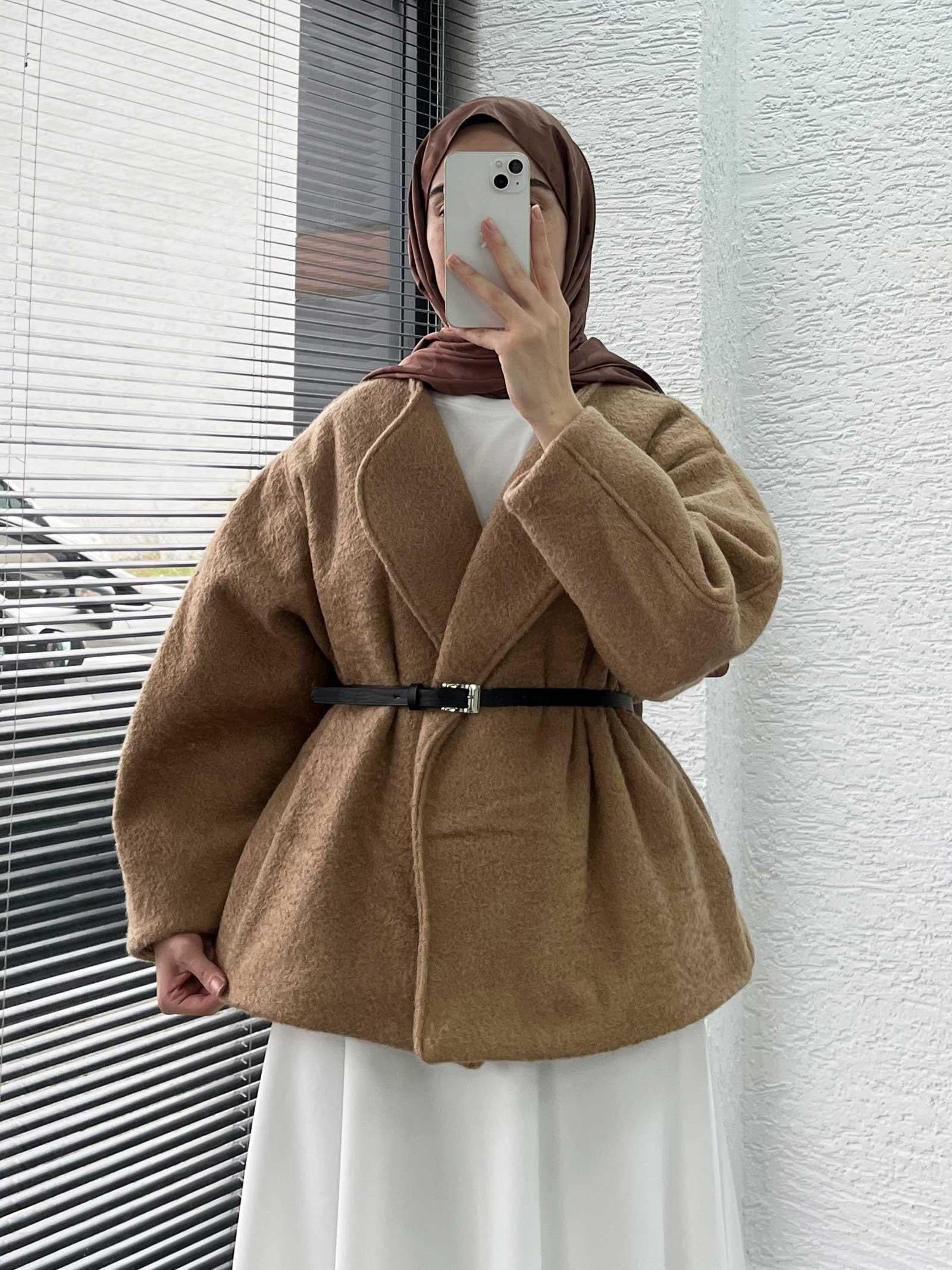 Camel Kısa Oversize Kaşe Kaban