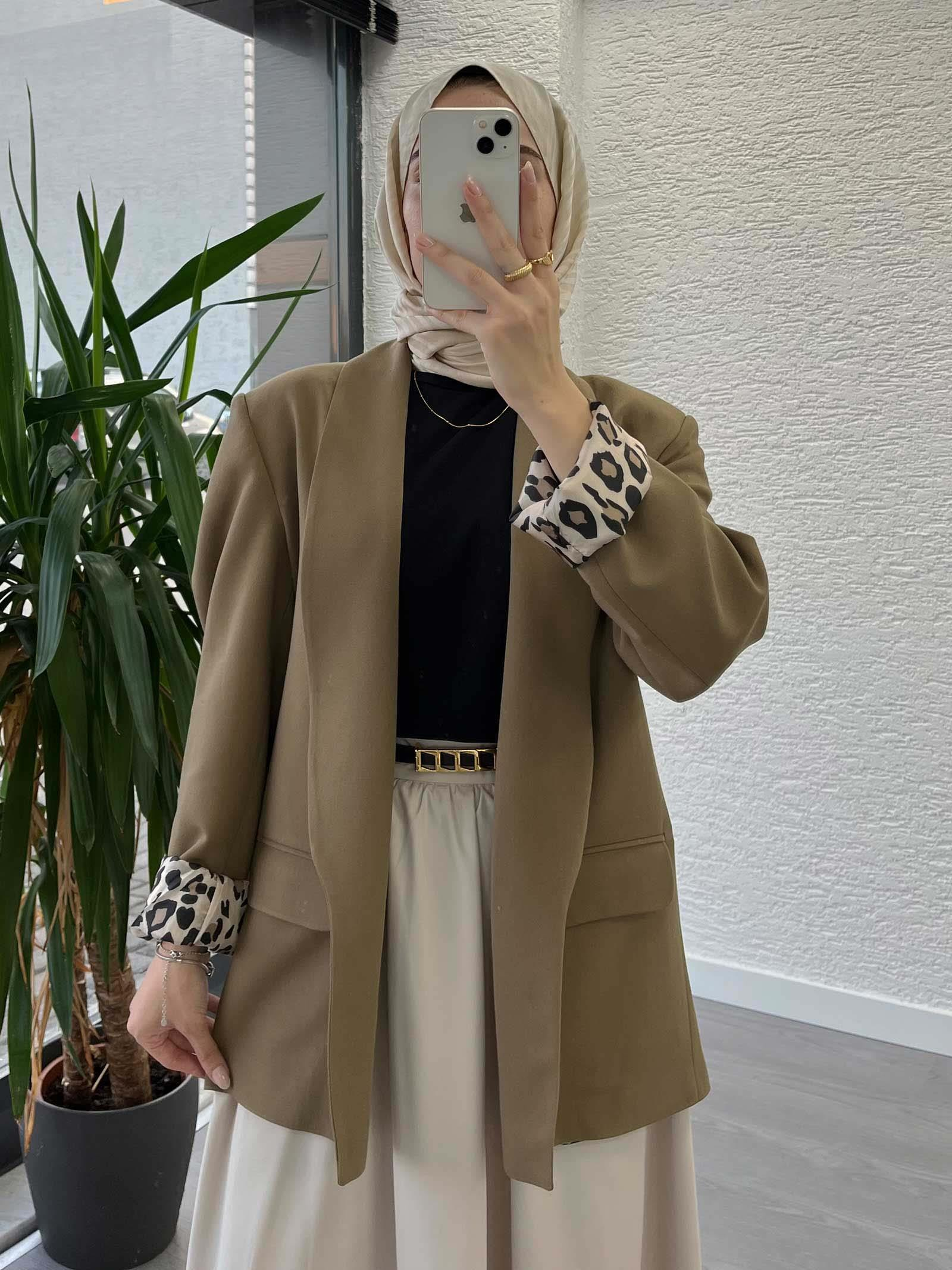 Camel Leopar Desenli Astarlı Şık Kadın Ceket