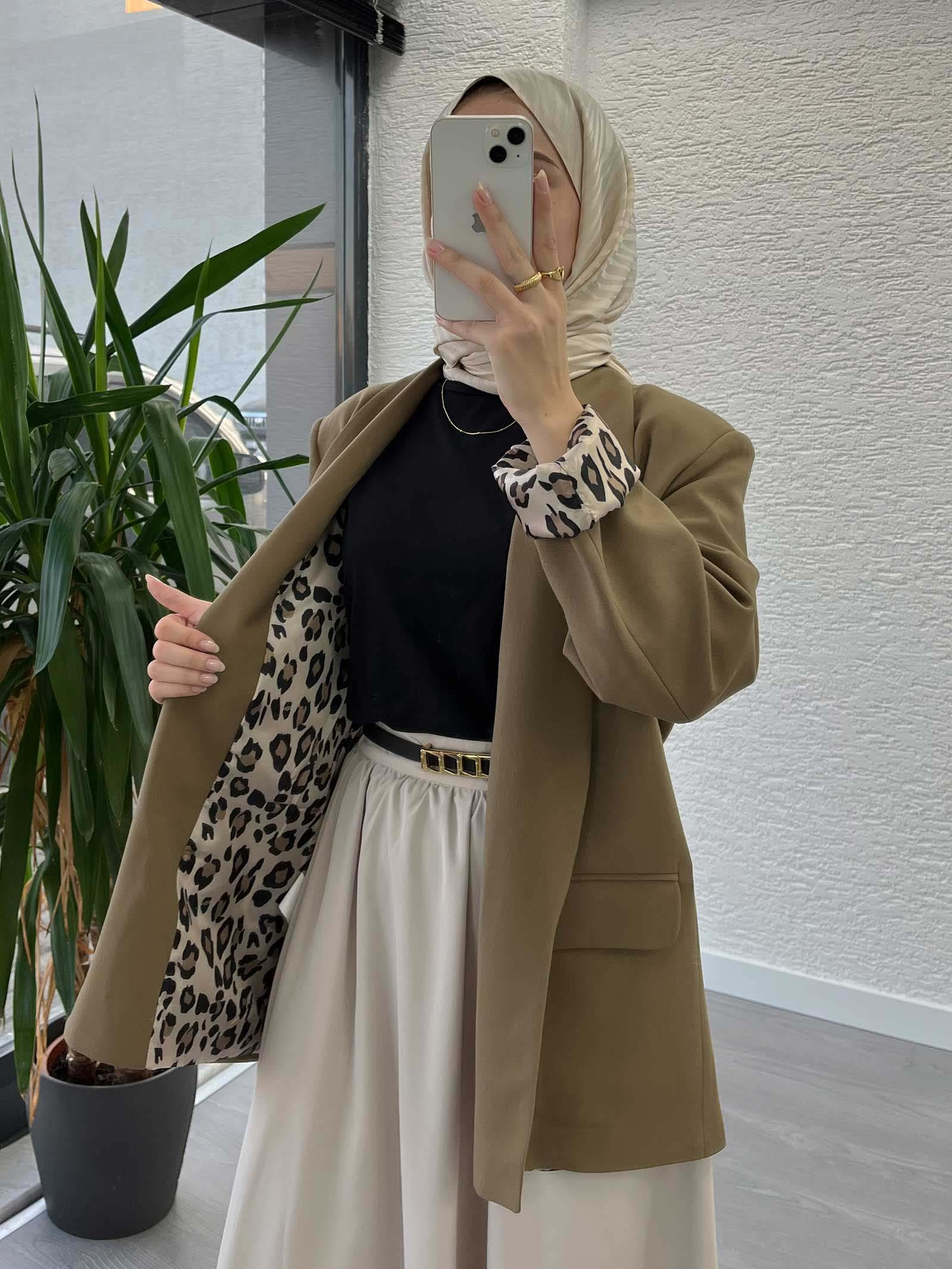 Camel Leopar Desenli Astarlı Şık Kadın Ceket