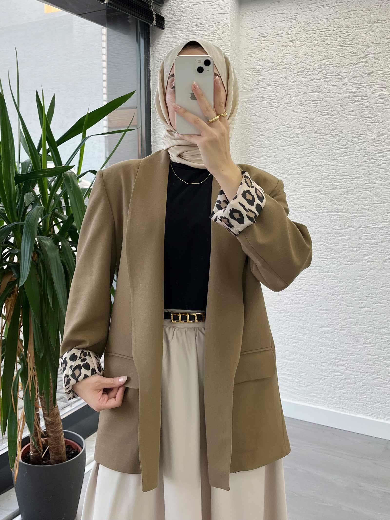 Camel Leopar Desenli Astarlı Şık Kadın Ceket