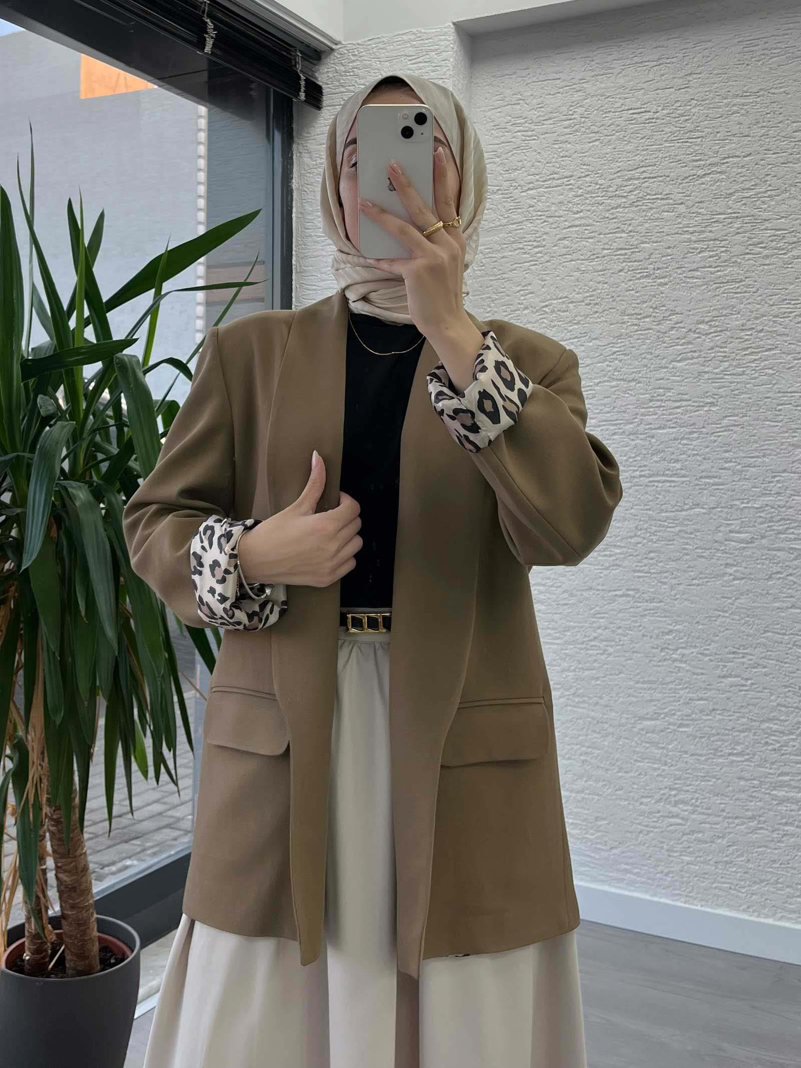 Camel Leopar Desenli Astarlı Şık Kadın Ceket