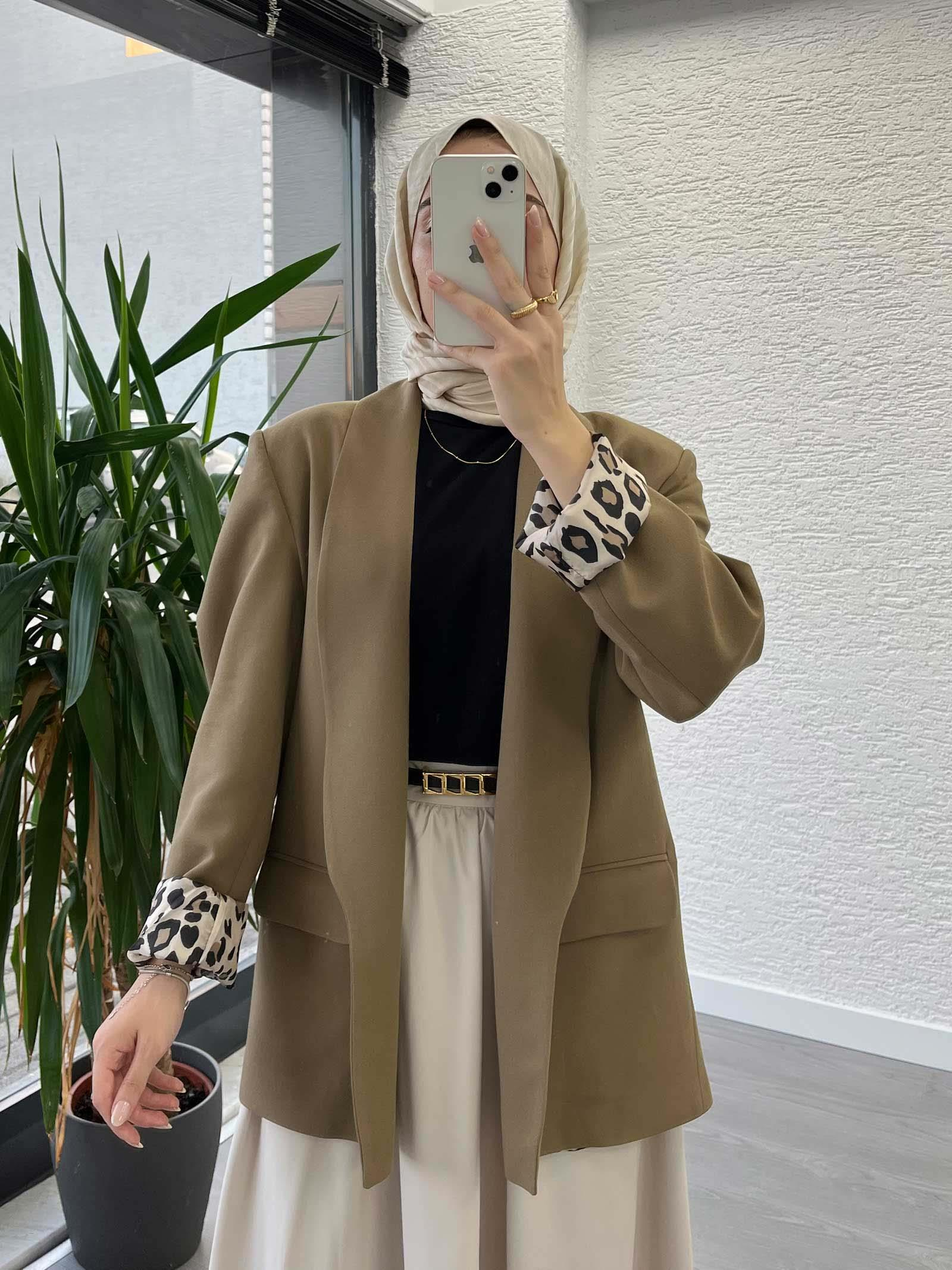 Camel Leopar Desenli Astarlı Şık Kadın Ceket