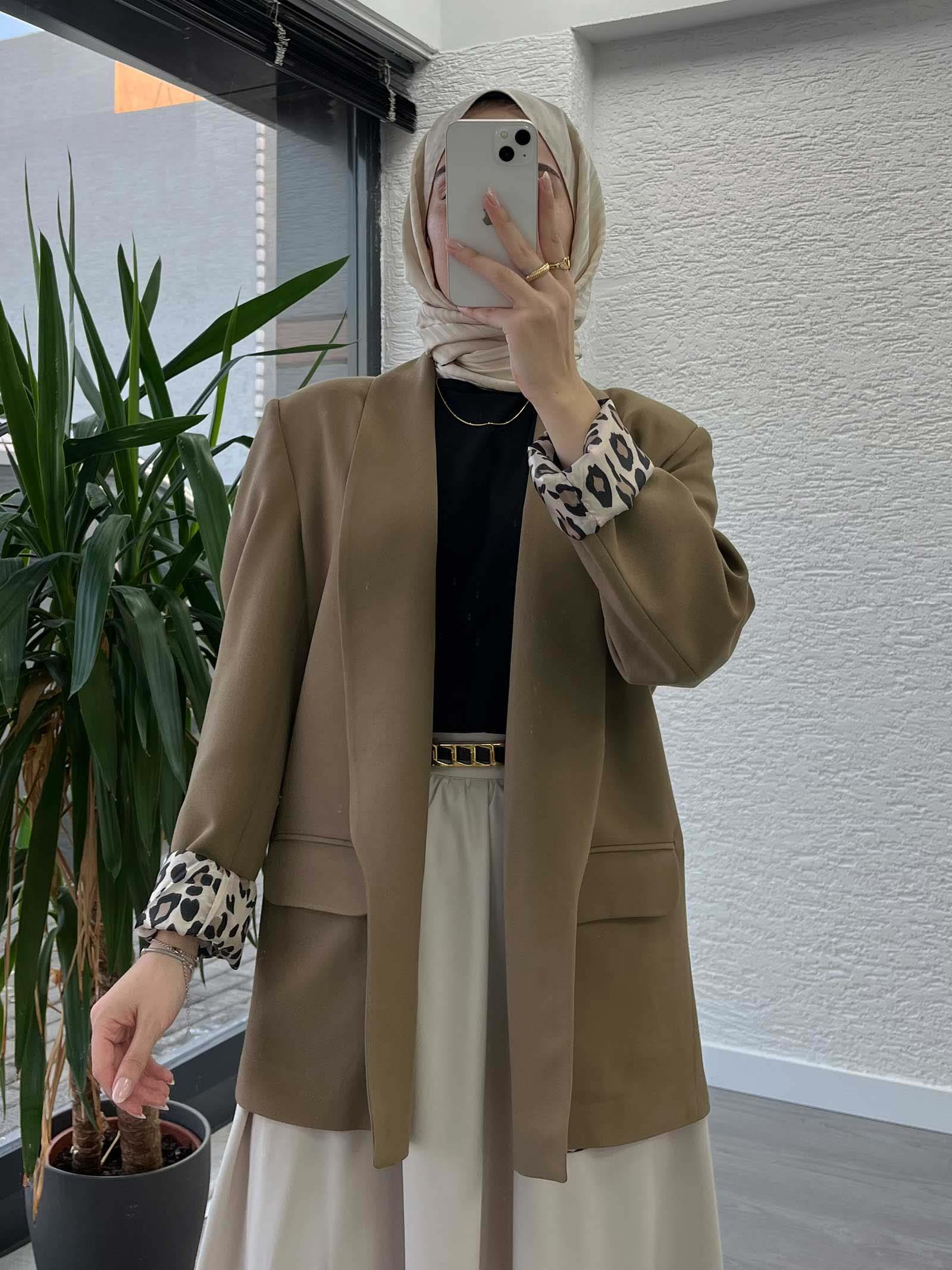 Camel Leopar Desenli Astarlı Şık Kadın Ceket