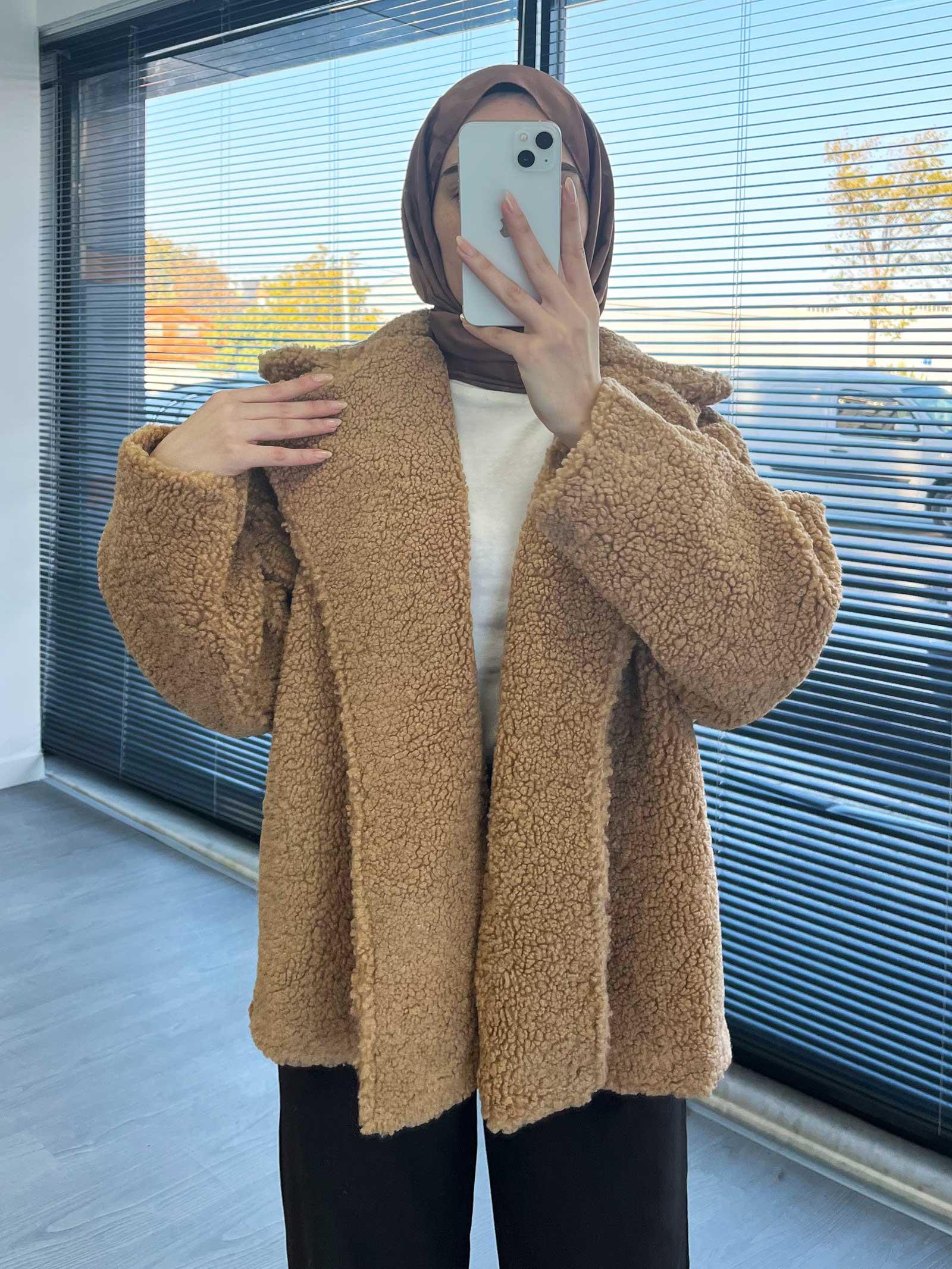 Camel Oversize Yumuşak Dokulu Kısa Kadın Teddy Kaban