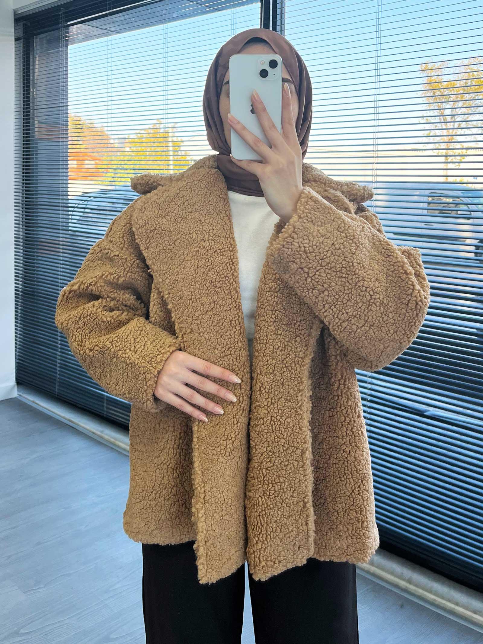 Camel Oversize Yumuşak Dokulu Kısa Kadın Teddy Kaban