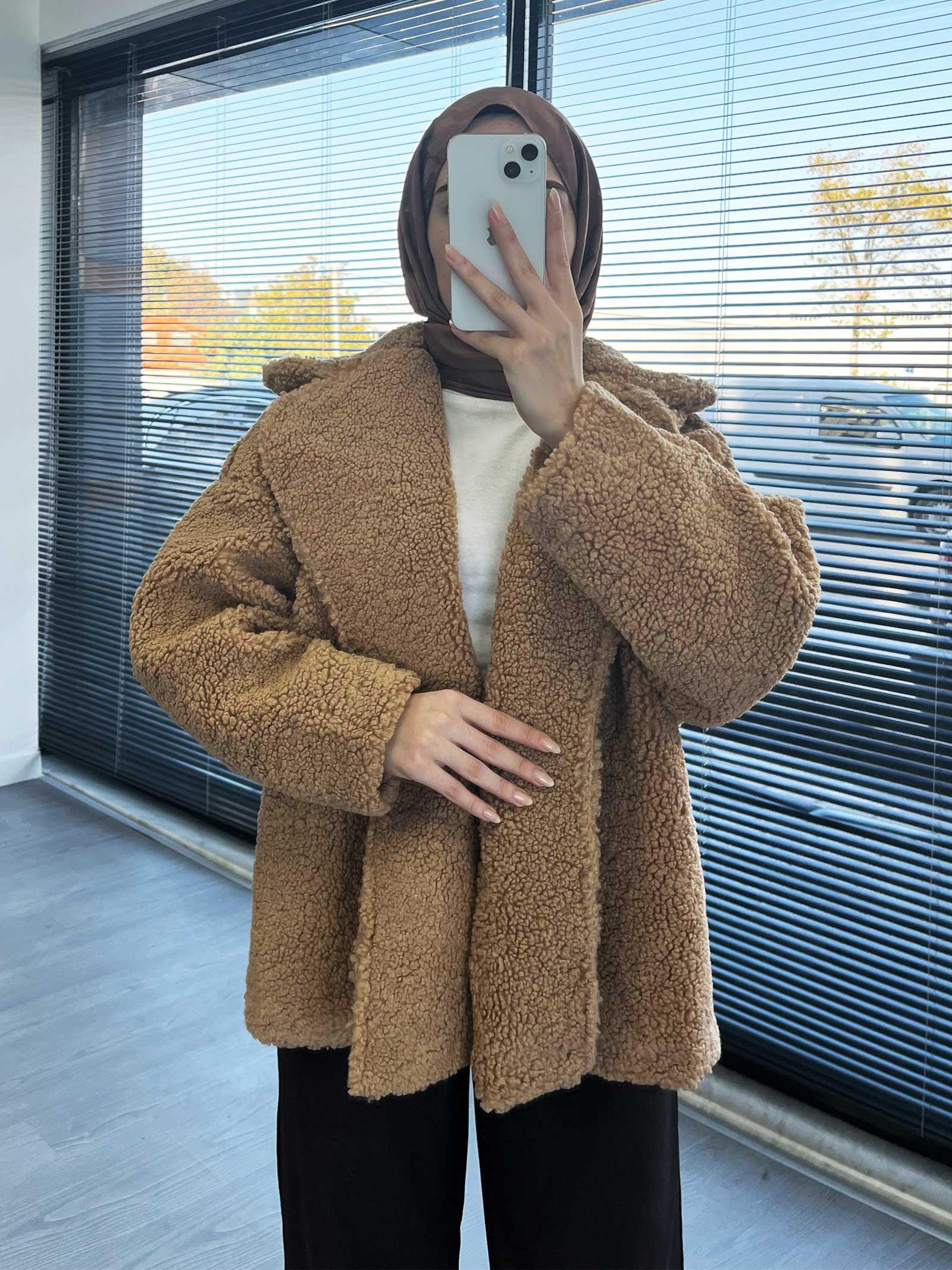 Camel Oversize Yumuşak Dokulu Kısa Kadın Teddy Kaban